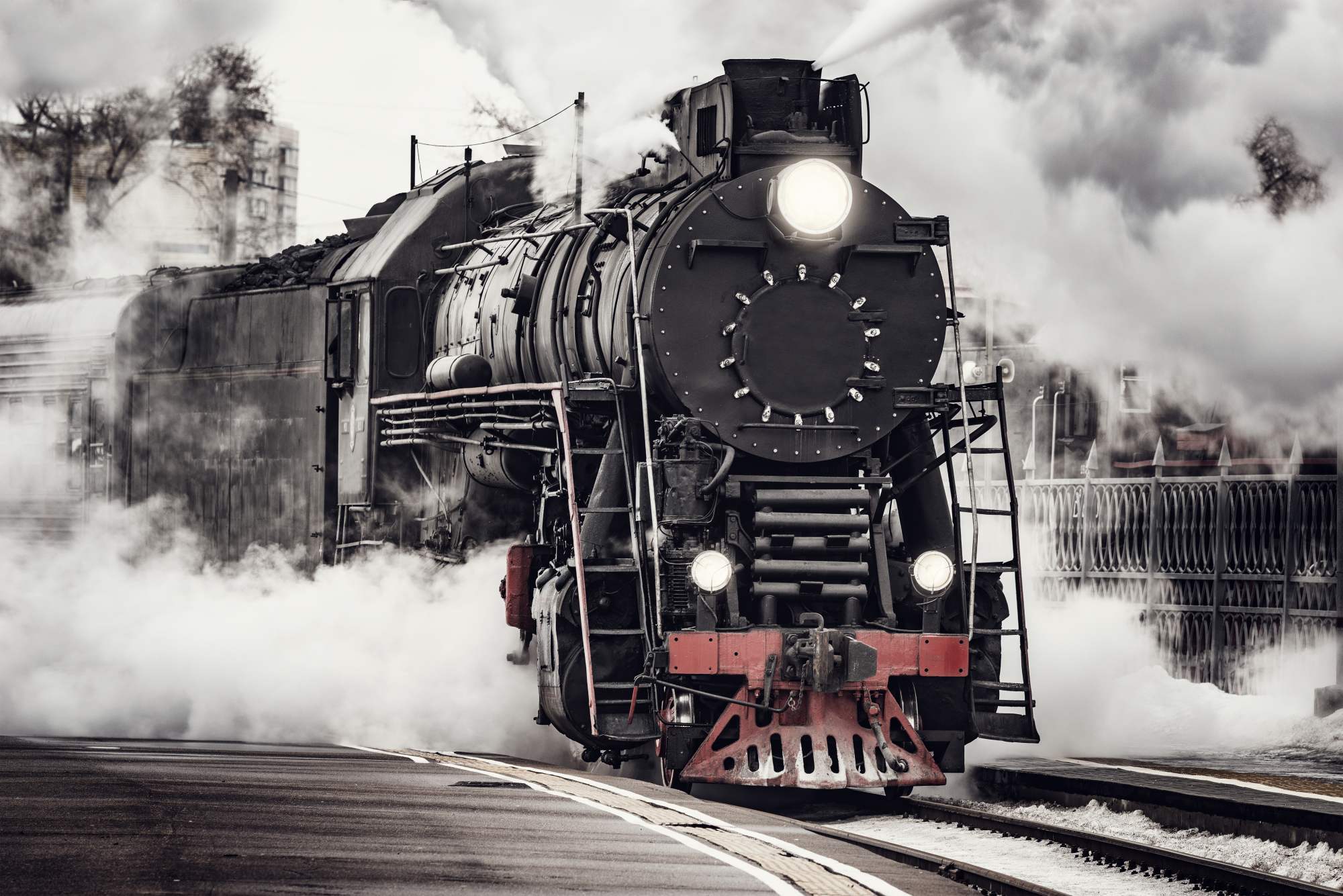 Mural Locomoto 2 Wallpaper and Wall Murals South Africa Steam Locomotive Arrival, vintage steam train in black and white mural - WallpaperOnline