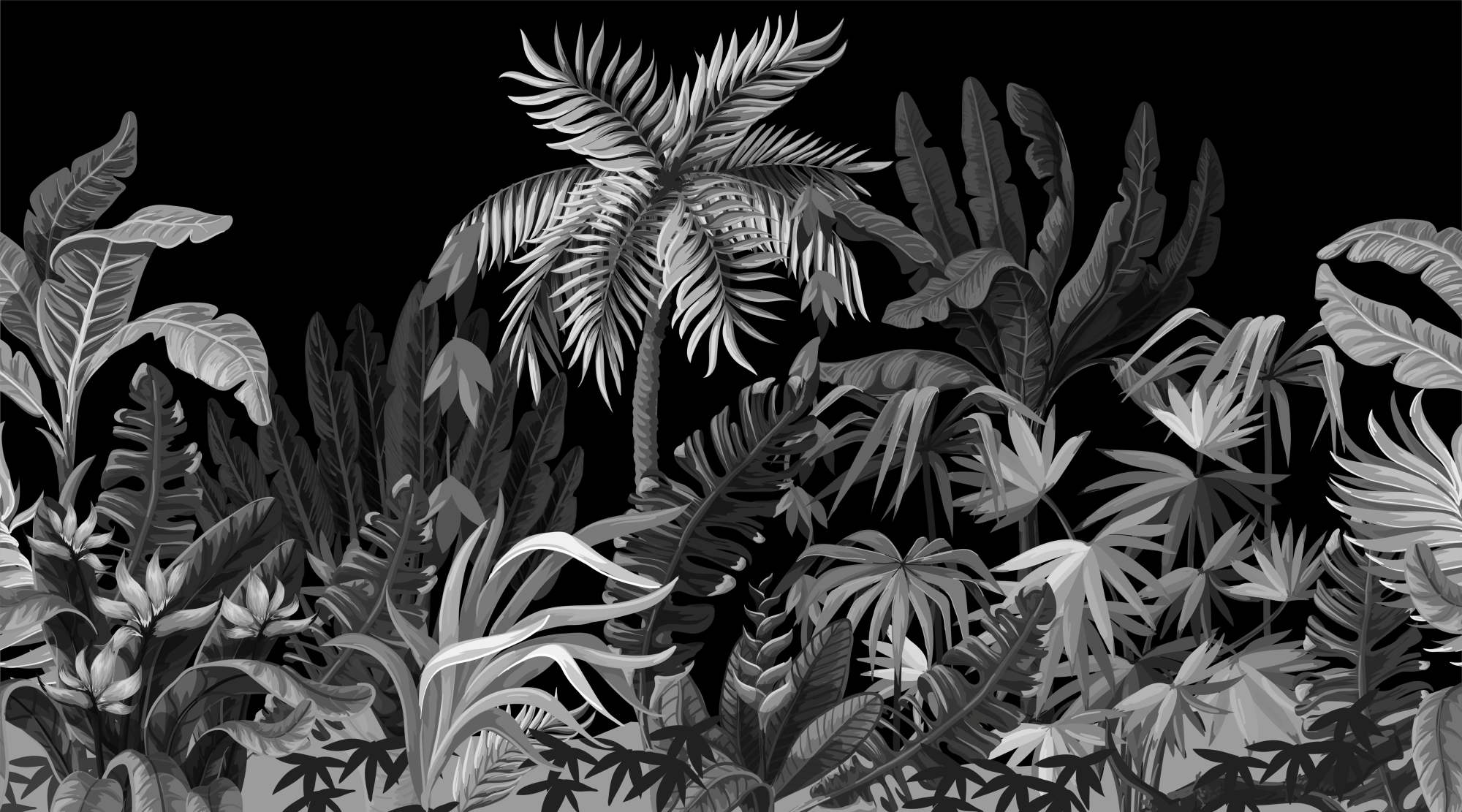 Mural Positive Effect 2 Wallpaper and Wall Murals South Africa Mural Positive Effect, tropical jungle scene in black and white mural - WallpaperOnline