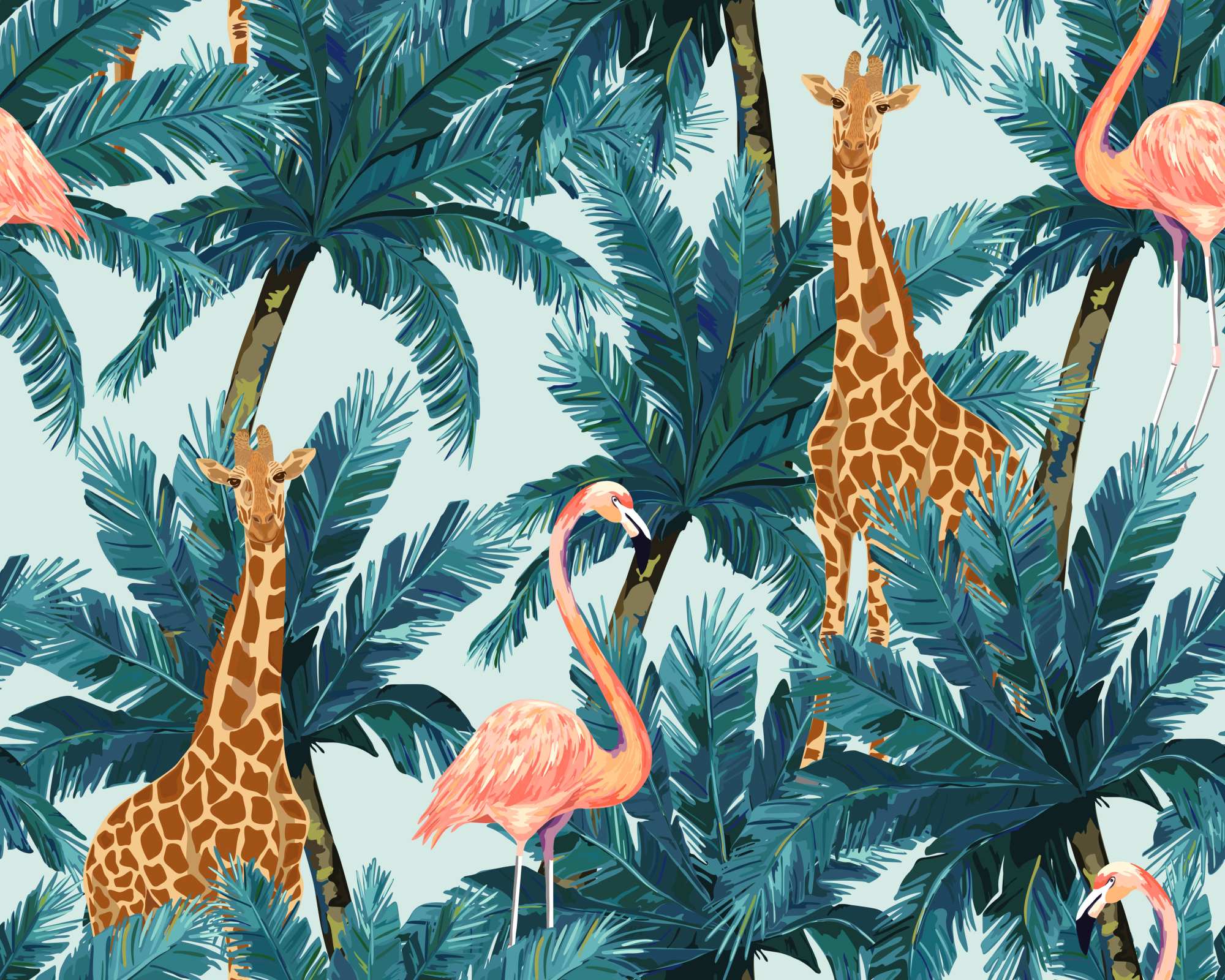 Long Necks Wallpaper 2 Wallpaper and Wall Murals South Africa Long Necks, giraffes and flamingos in teal and orange wallpaper - WallpaperOnline
