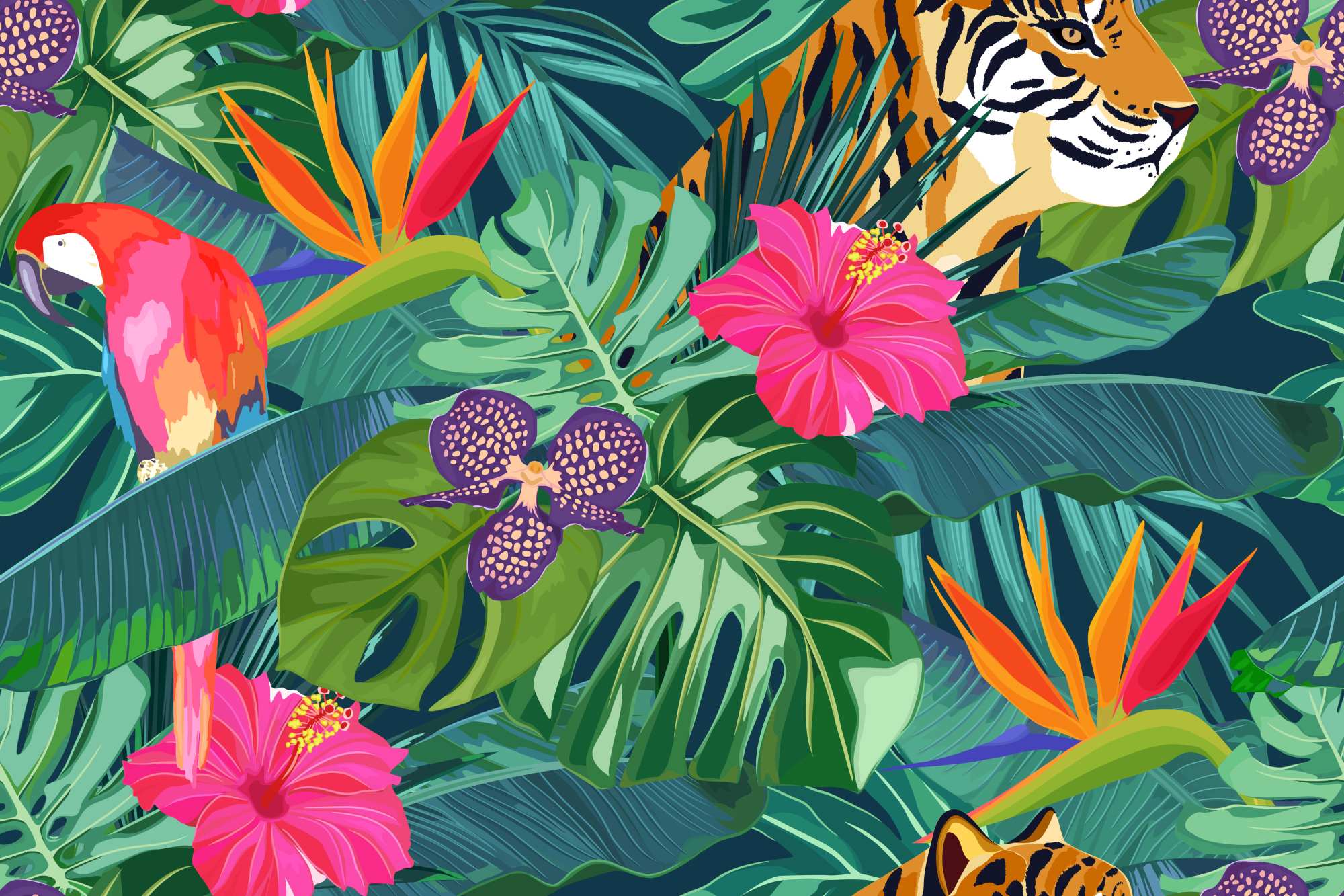 Tropic Wallpaper 2 Wallpaper and Wall Murals South Africa Tropic Wallpaper, tiger and jungle animals in green, pink and orange wallpaper - WallpaperOnline