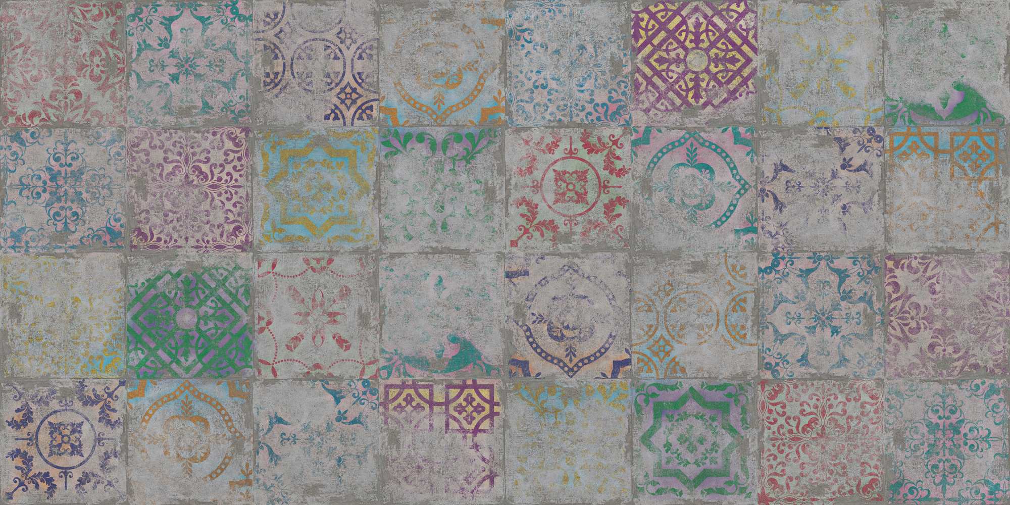 Vintage Solaa Tile Wallpaper 2 Wallpaper and Wall Murals South Africa Vintage Solaa Tile, patchwork tile design in grey, pink and teal wallpaper - WallpaperOnline