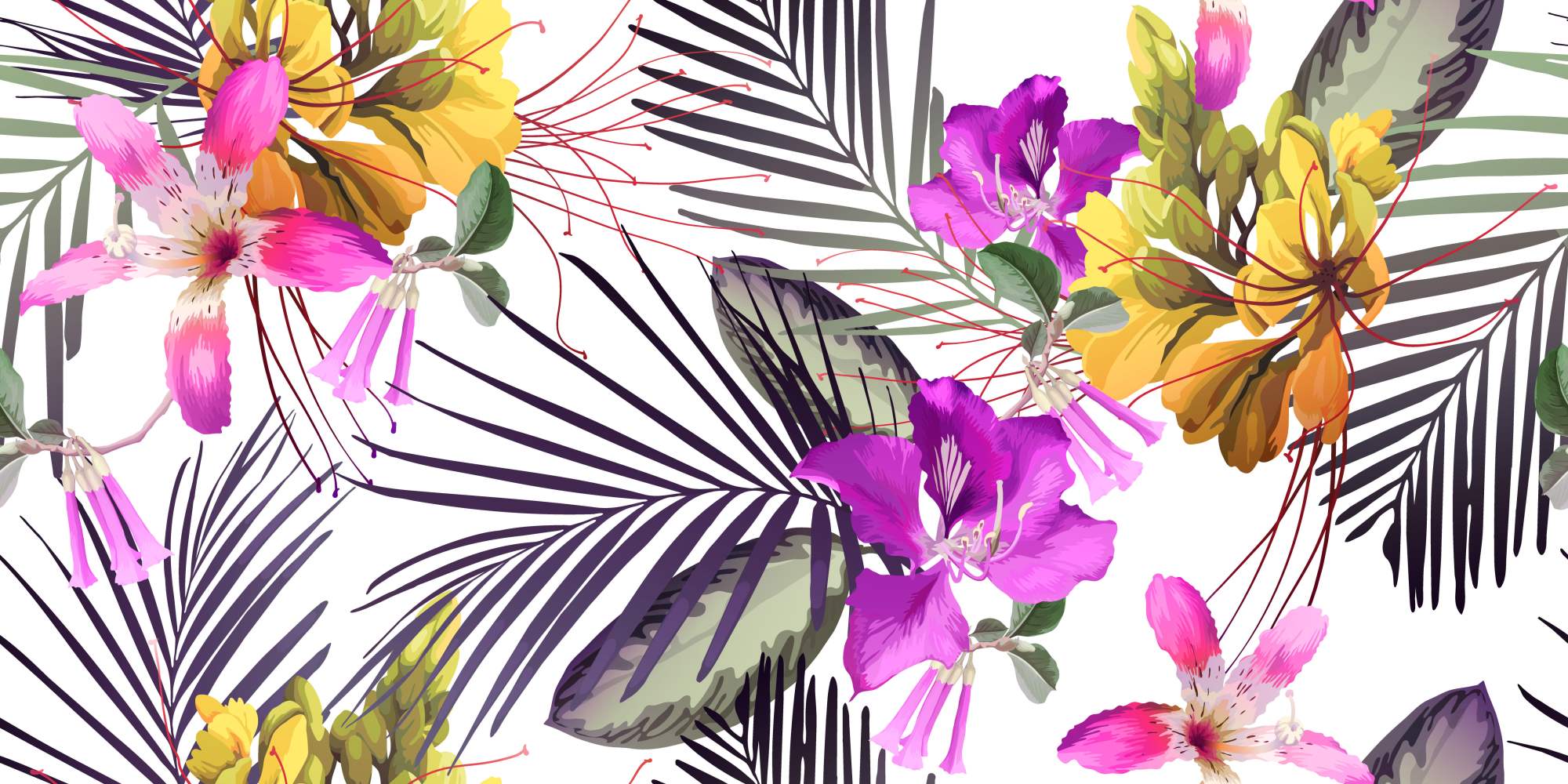 Mural Robyn 2 Wallpaper and Wall Murals South Africa Mural Robyn, tropical floral scene in black, pink and yellow mural - WallpaperOnline