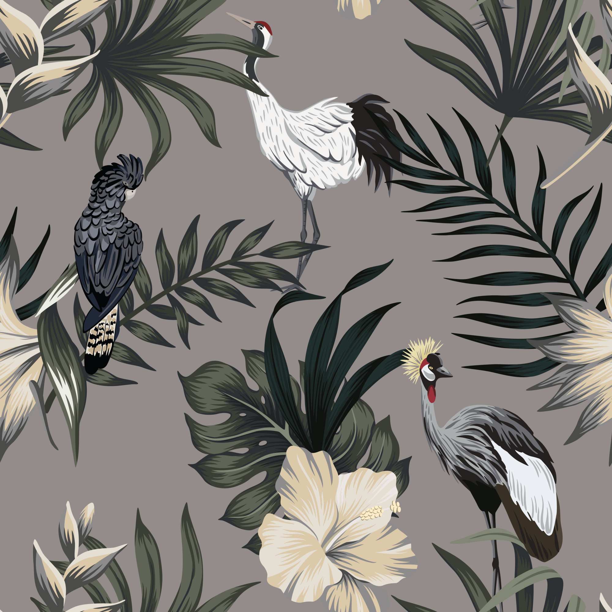 Black Tea Flights Wallpaper 2 Wallpaper and Wall Murals South Africa Black Tea Flights Wallpaper, cranes and cockatoo among palm leaves in taupe and green wallpaper - WallpaperOnline