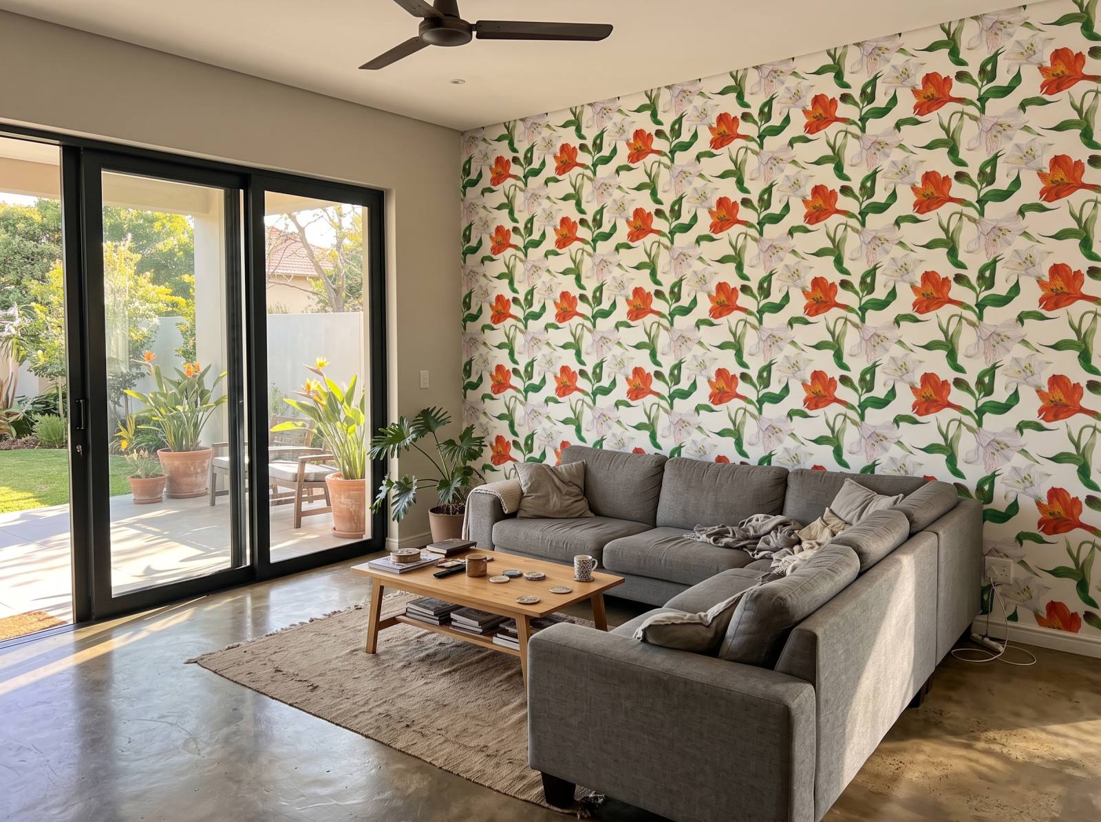 White & Orange Lillies Wallpaper 1 Wallpaper and Wall Murals South Africa White & Orange Lillies Wallpaper shown in a living room