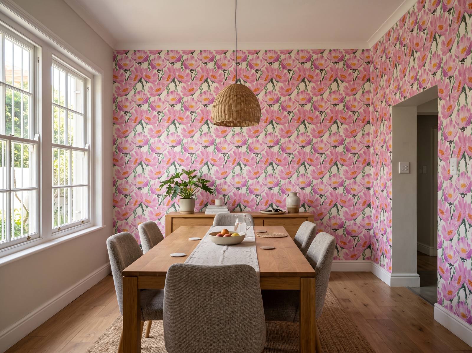Daisy Gouache Wallpaper 3 Wallpaper and Wall Murals South Africa Daisy Gouache Wallpaper shown in a dining room