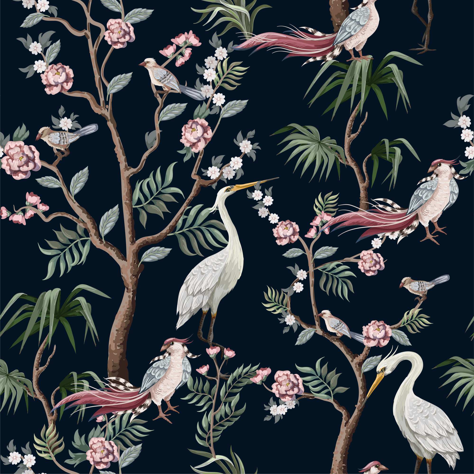 Zircon Designer Stork Wallpaper 1 Wallpaper and Wall Murals South Africa Zircon Designer Stork, storks and blossom branches in navy, green and blush wallpaper - WallpaperOnline