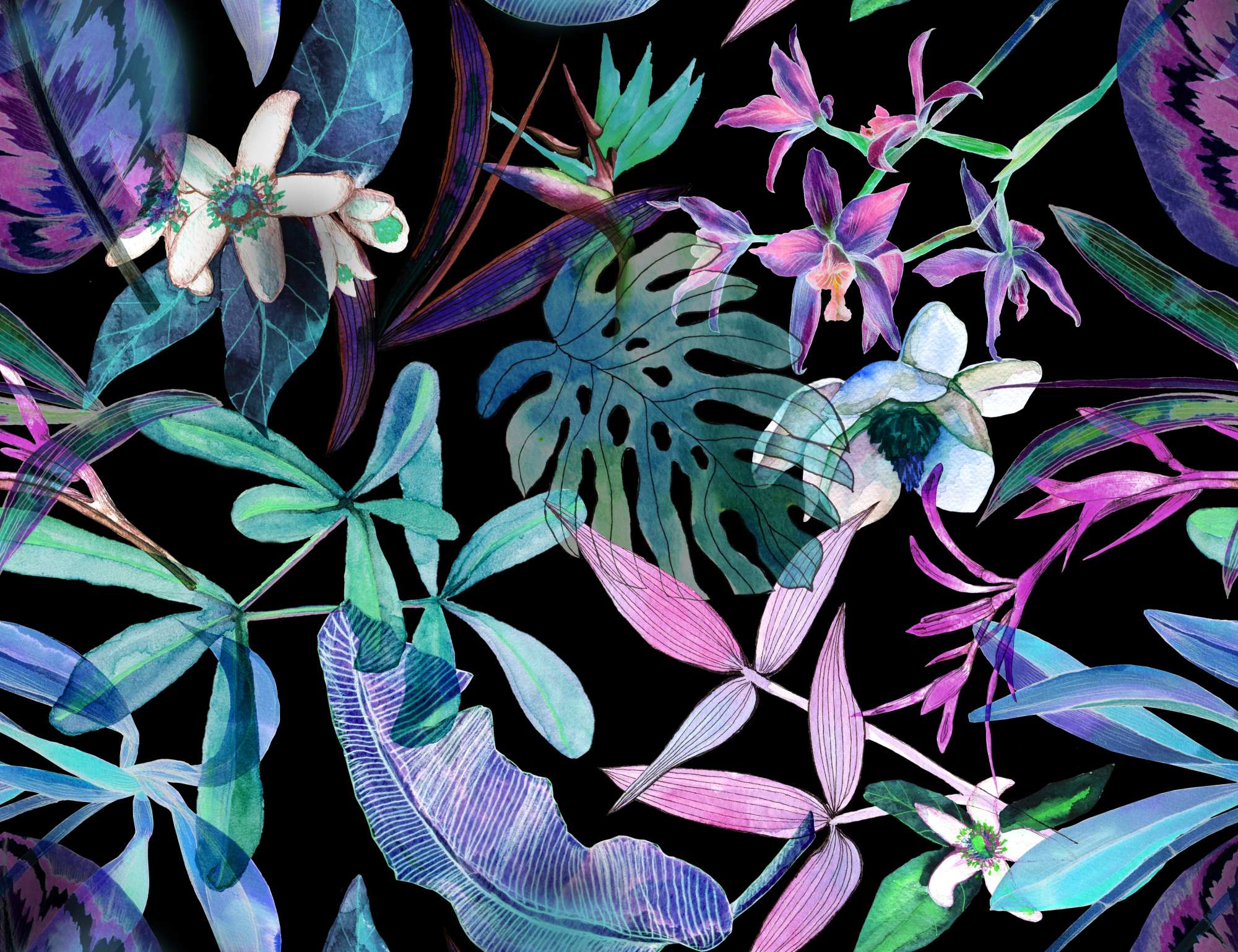Mural UV Mauve 2 Wallpaper and Wall Murals South Africa Mural UV Mauve, tropical botanical scene in black, teal and mauve mural - WallpaperOnline