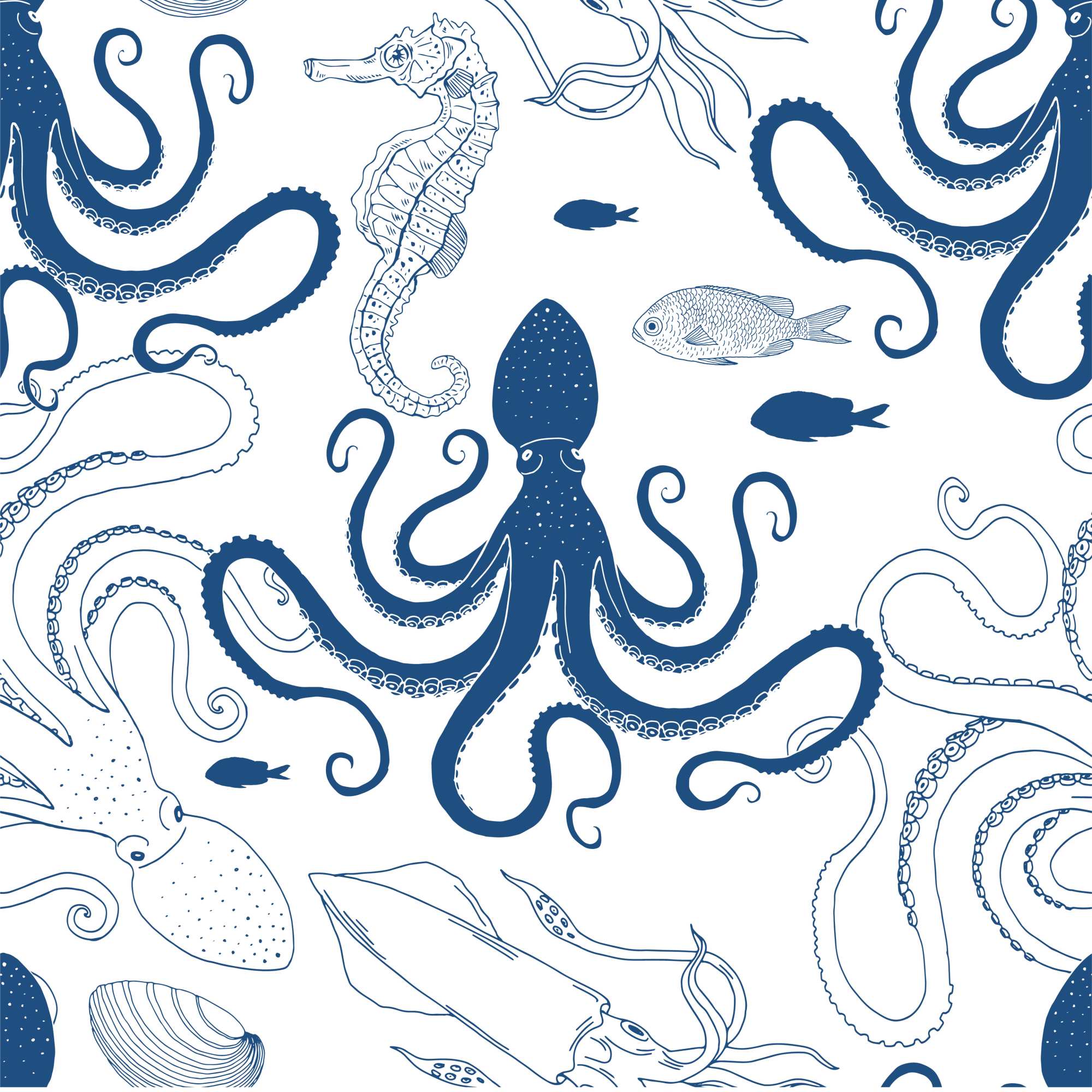 Deep Blue Sea Wallpaper 2 Wallpaper and Wall Murals South Africa Deep Blue Sea Wallpaper, octopus and squid in navy and white wallpaper - WallpaperOnline