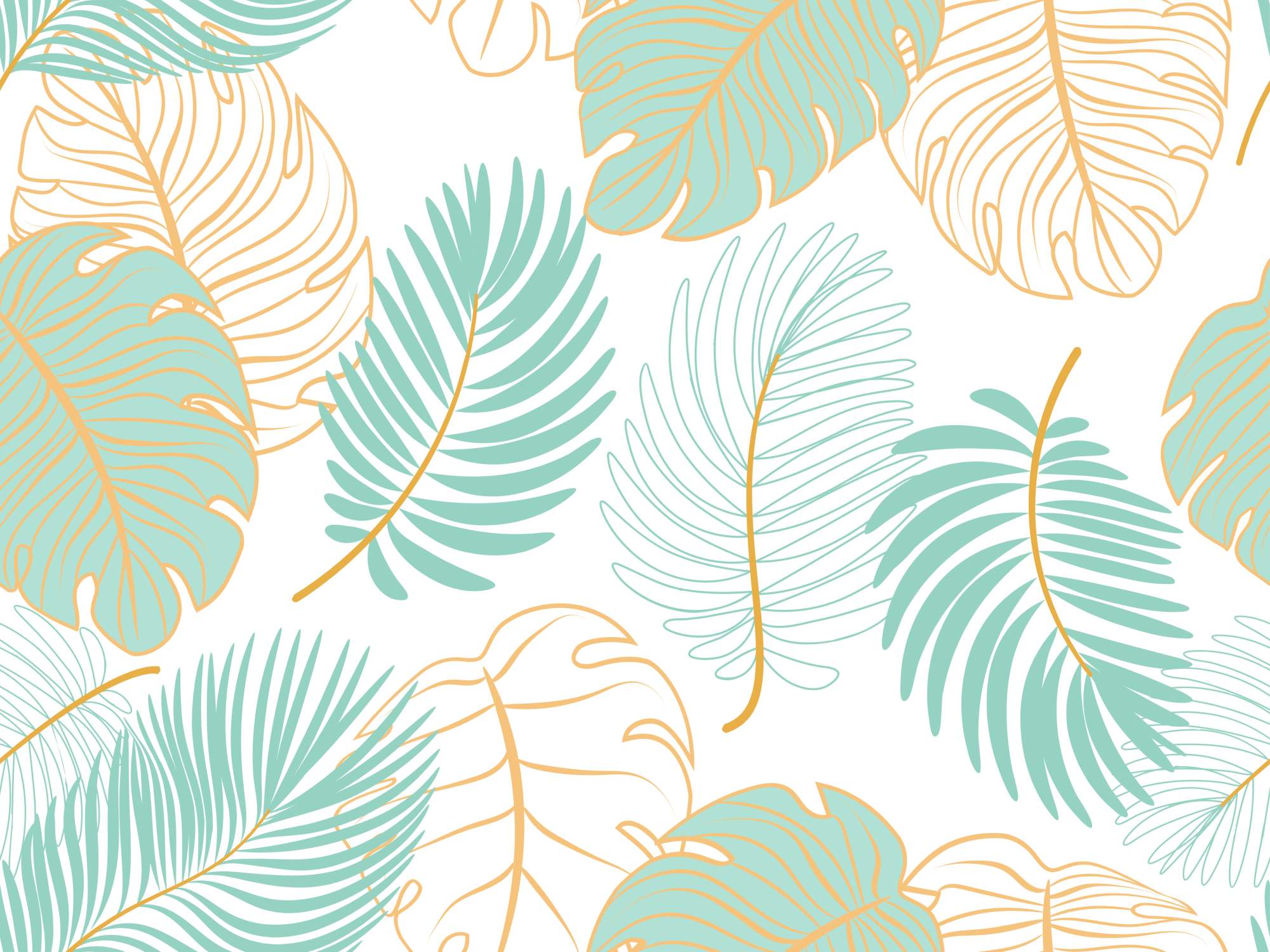 Mural Aqua Fresh 2 Wallpaper and Wall Murals South Africa Mural Aqua Fresh, palm and monstera leaves in mint green and gold mural - WallpaperOnline