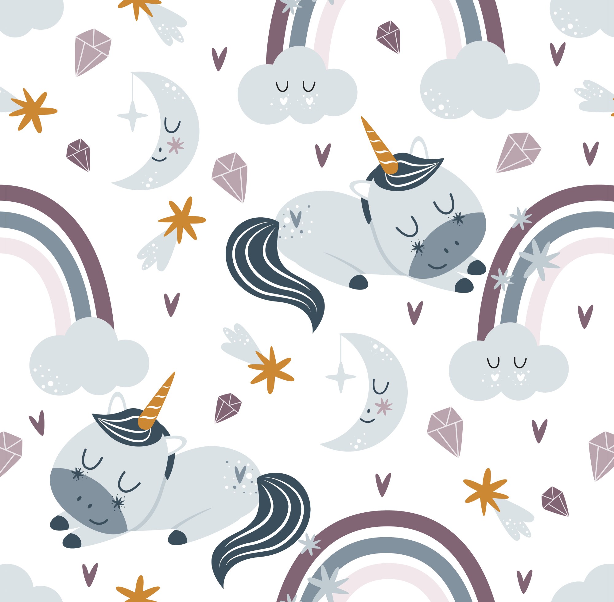 Sleepy Unicorns Wallpaper 2 Wallpaper and Wall Murals South Africa Sleepy Unicorns Wallpaper, unicorns, clouds and rainbows in grey and mauve wallpaper - WallpaperOnline