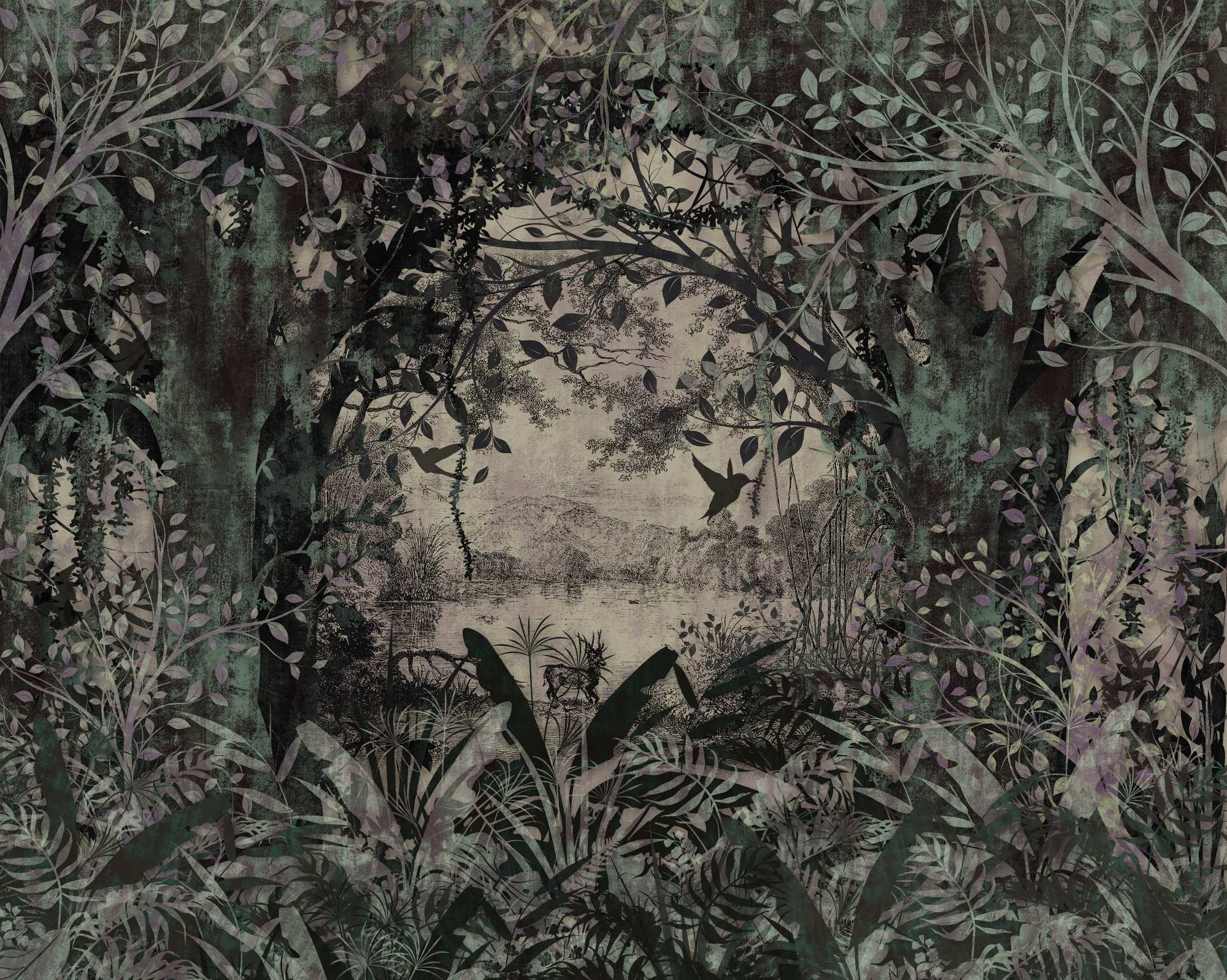 Mural Secret Garden 2 Wallpaper and Wall Murals South Africa Mural Secret Garden, forest lake scene in dark green and charcoal mural - WallpaperOnline