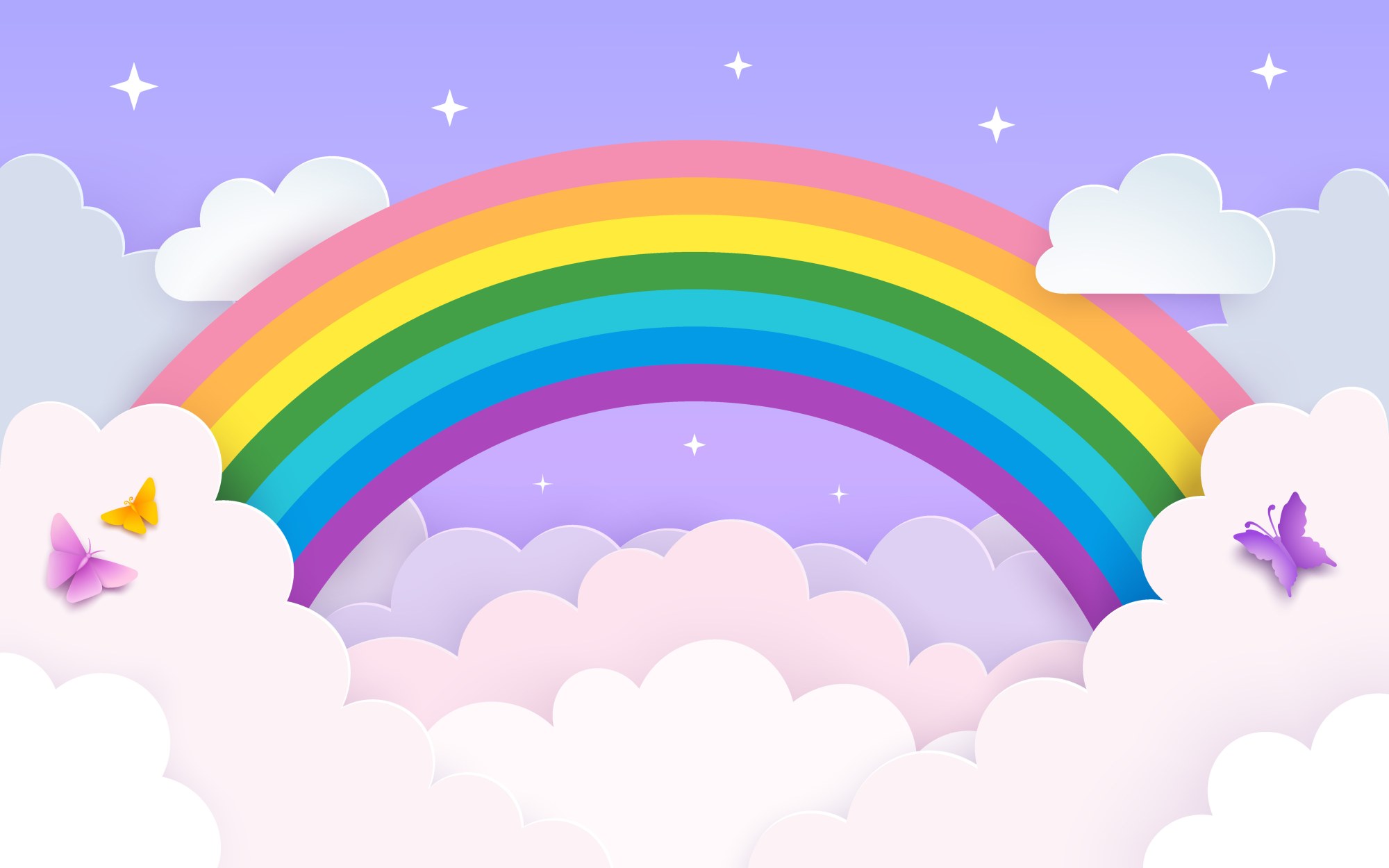 Mural Rainbow Clouds 2 Wallpaper and Wall Murals South Africa Rainbow Clouds, a pastel rainbow and cloud scene with butterflies in purple and pink mural - WallpaperOnline