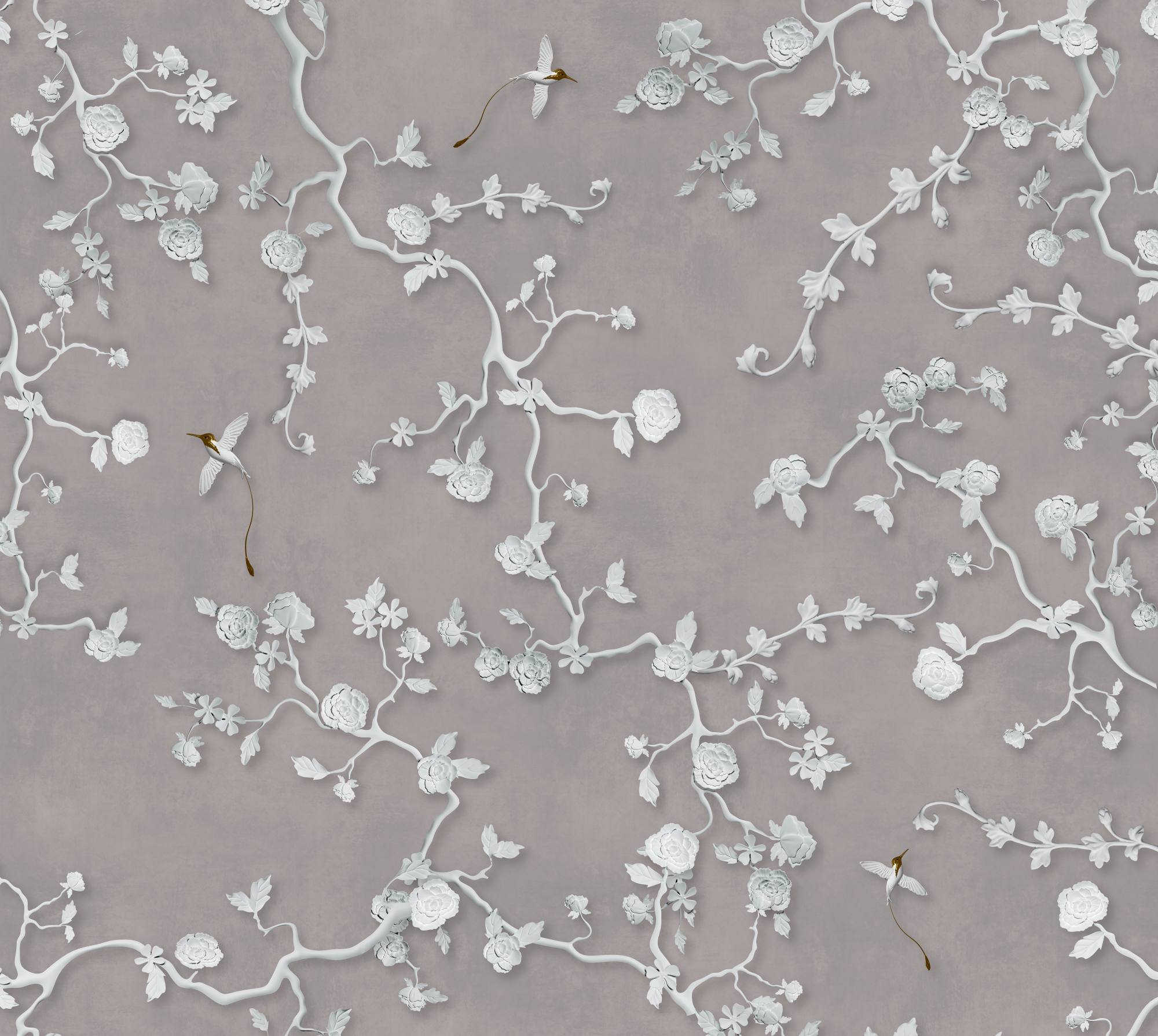 Mural Stercorariidae 2 Wallpaper and Wall Murals South Africa Mural Stercorariidae, floral branches and hummingbirds in white and mauve mural - WallpaperOnline