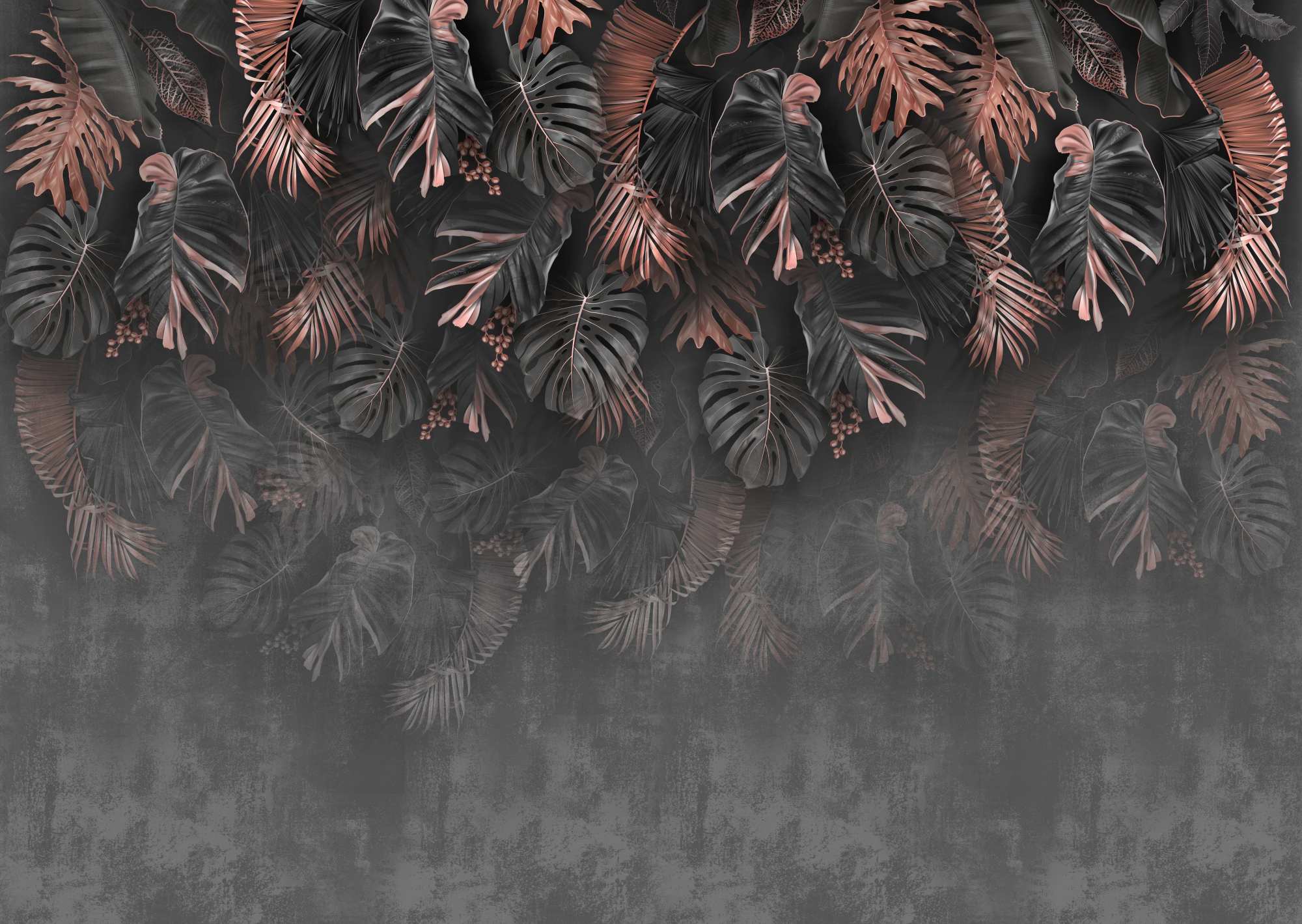 Mural Deep Rise 2 Wallpaper and Wall Murals South Africa Mural Deep Rise, dark tropical leaves in charcoal and copper mural - WallpaperOnline