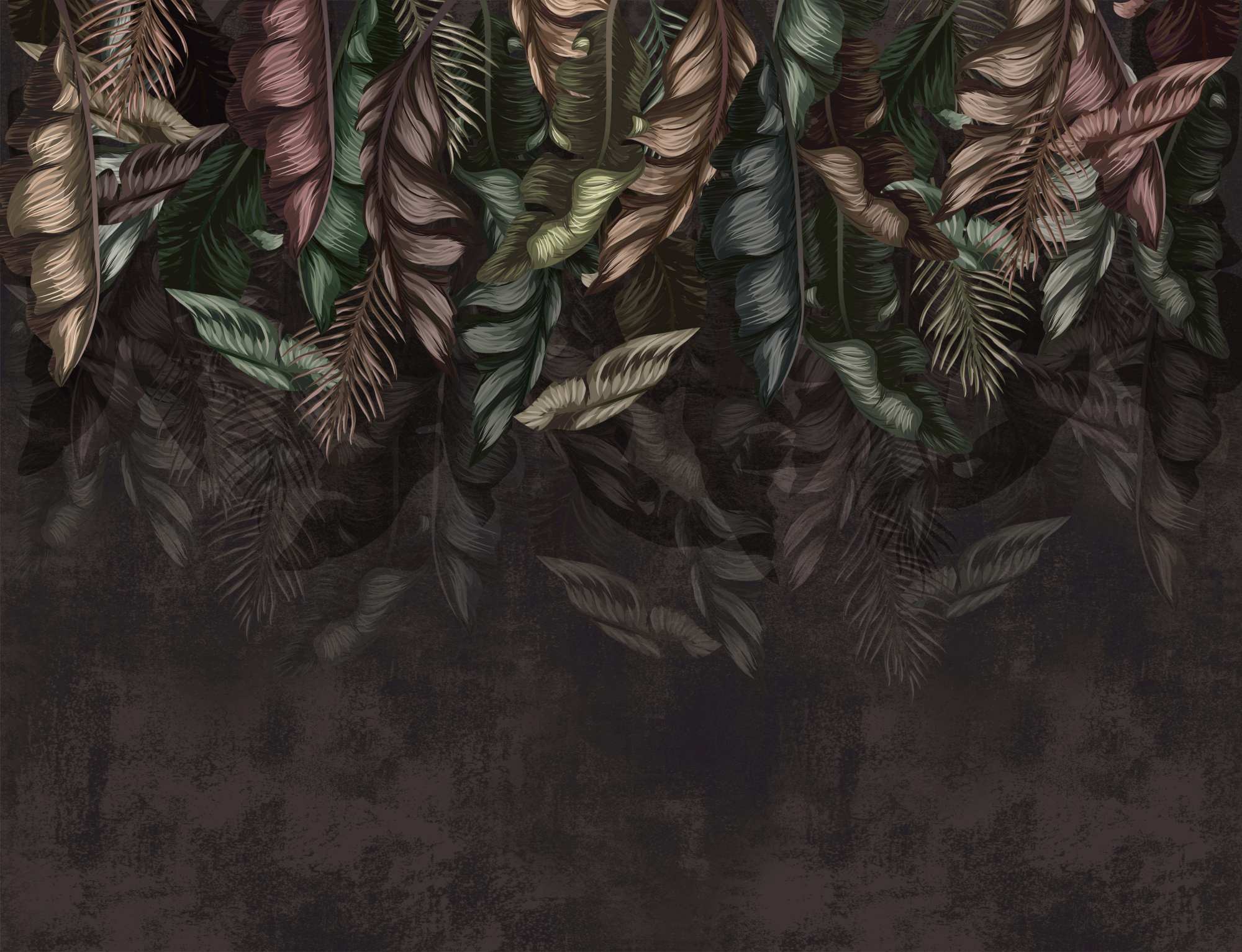 Mural Fooled Again 2 Wallpaper and Wall Murals South Africa Fooled Again, hanging botanical leaves in pink, green and brown mural - WallpaperOnline