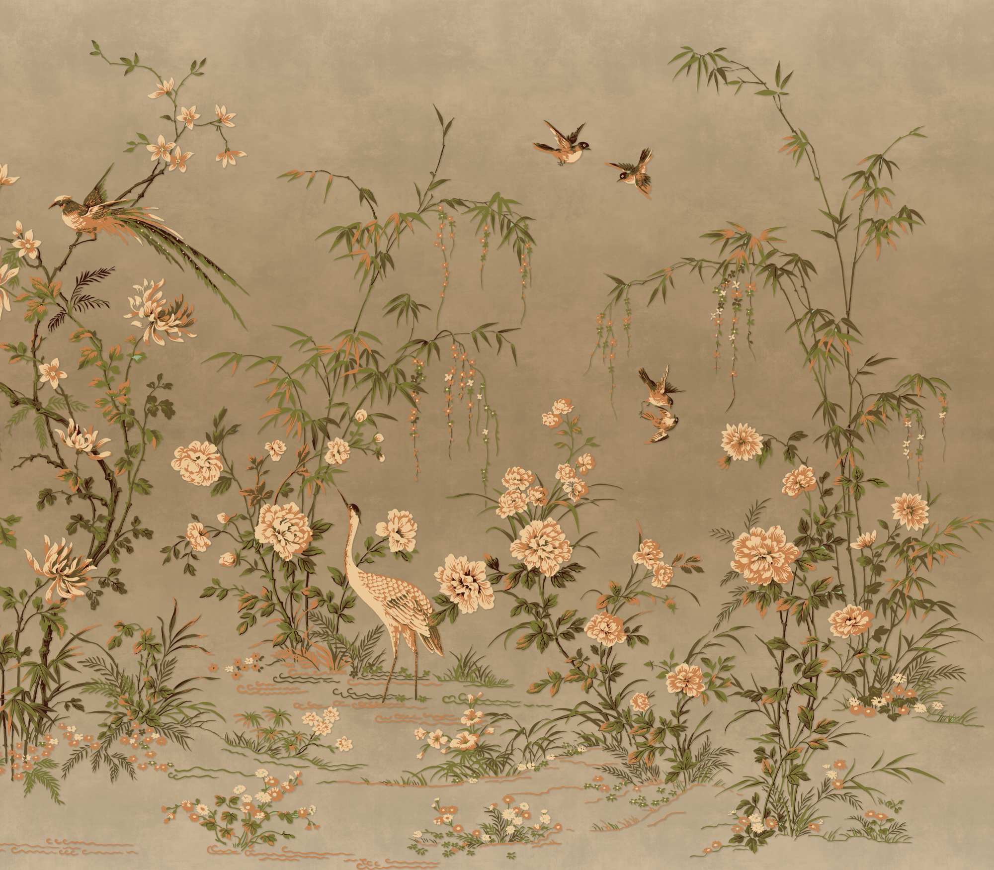 Mural Oriental Joban 2 Wallpaper and Wall Murals South Africa Mural Oriental Joban, crane and bamboo garden in taupe, olive green and cream mural - WallpaperOnline