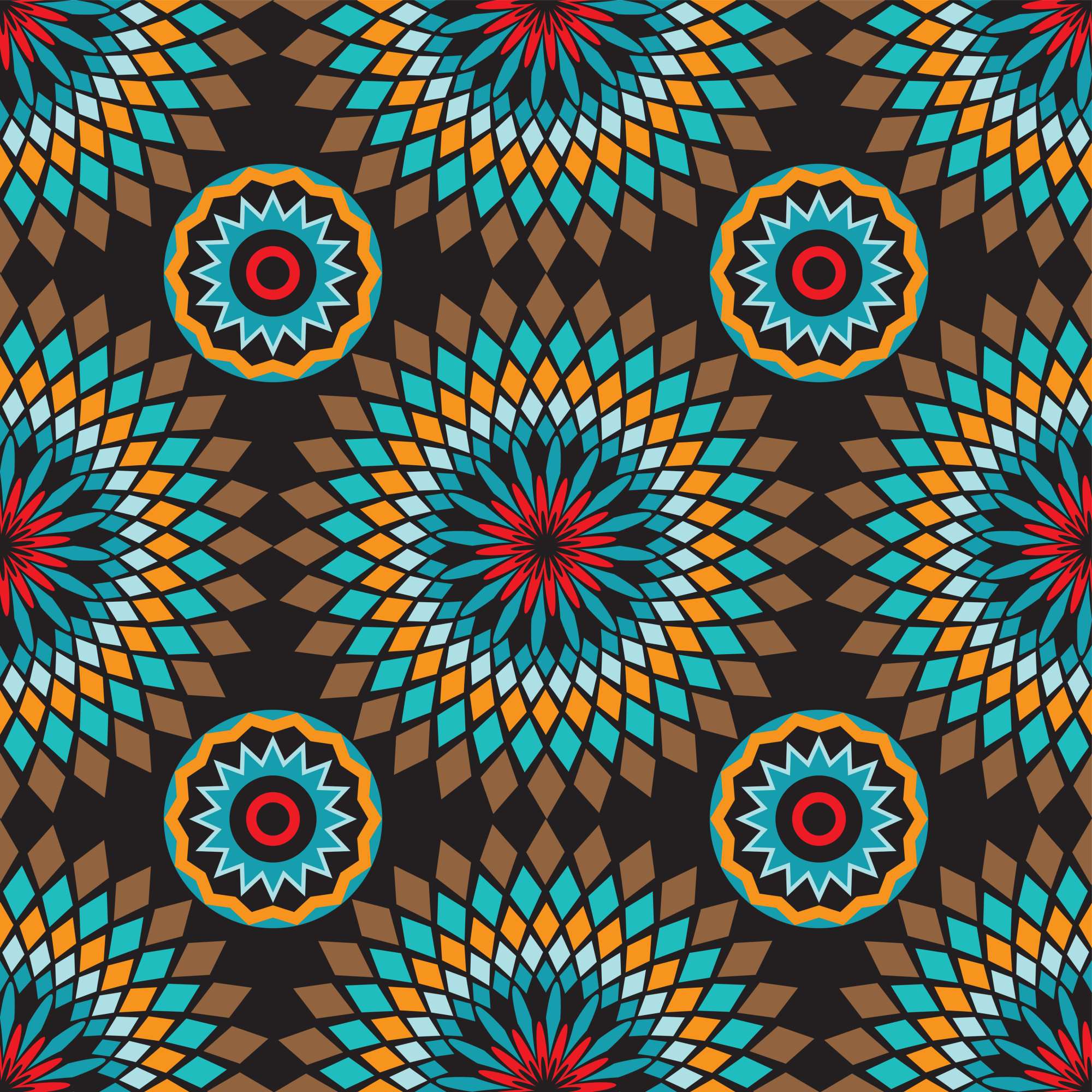 Mombela Wallpaper 2 Wallpaper and Wall Murals South Africa Mombela Wallpaper, kaleidoscope medallion pattern in teal, orange and black wallpaper - WallpaperOnline