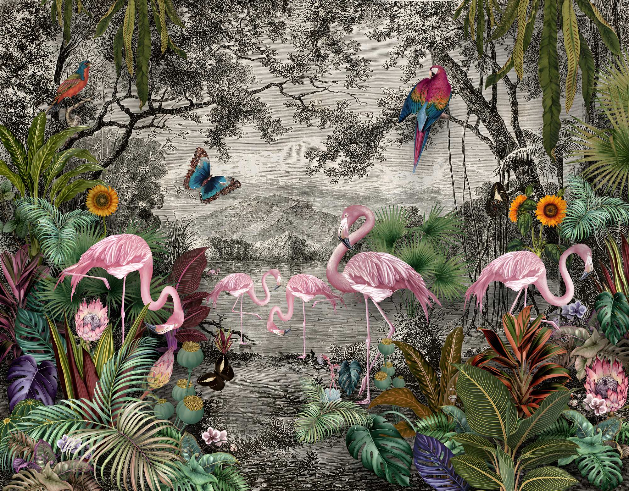 Mural Flawing Fare 2 Wallpaper and Wall Murals South Africa Mural Flawing Fare, flamingos and jungle birds in pink and green mural - WallpaperOnline