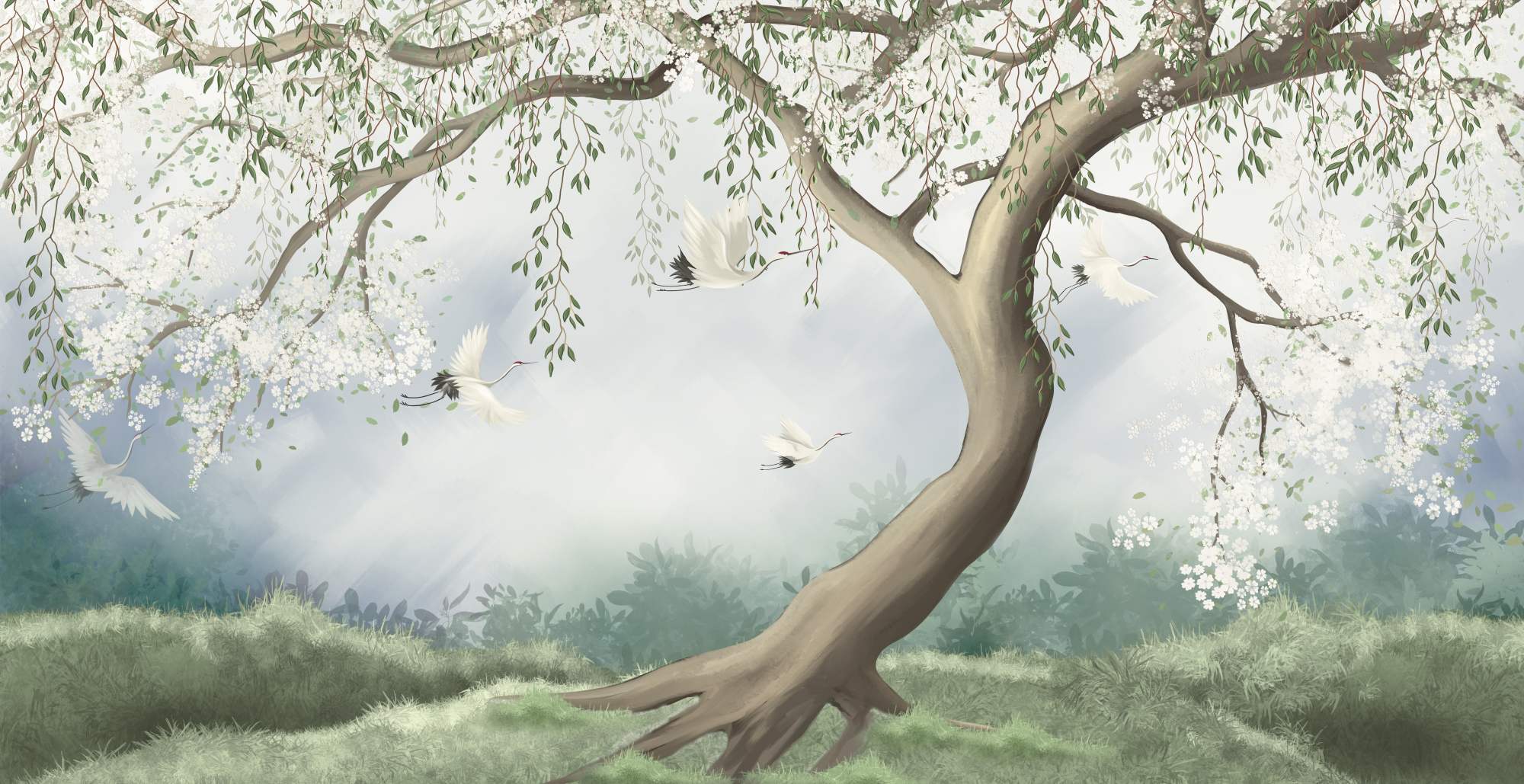 Mural Redemption Village 2 Wallpaper and Wall Murals South Africa Mural Redemption Village, blossoming tree and cranes in white, green and grey mural - WallpaperOnline