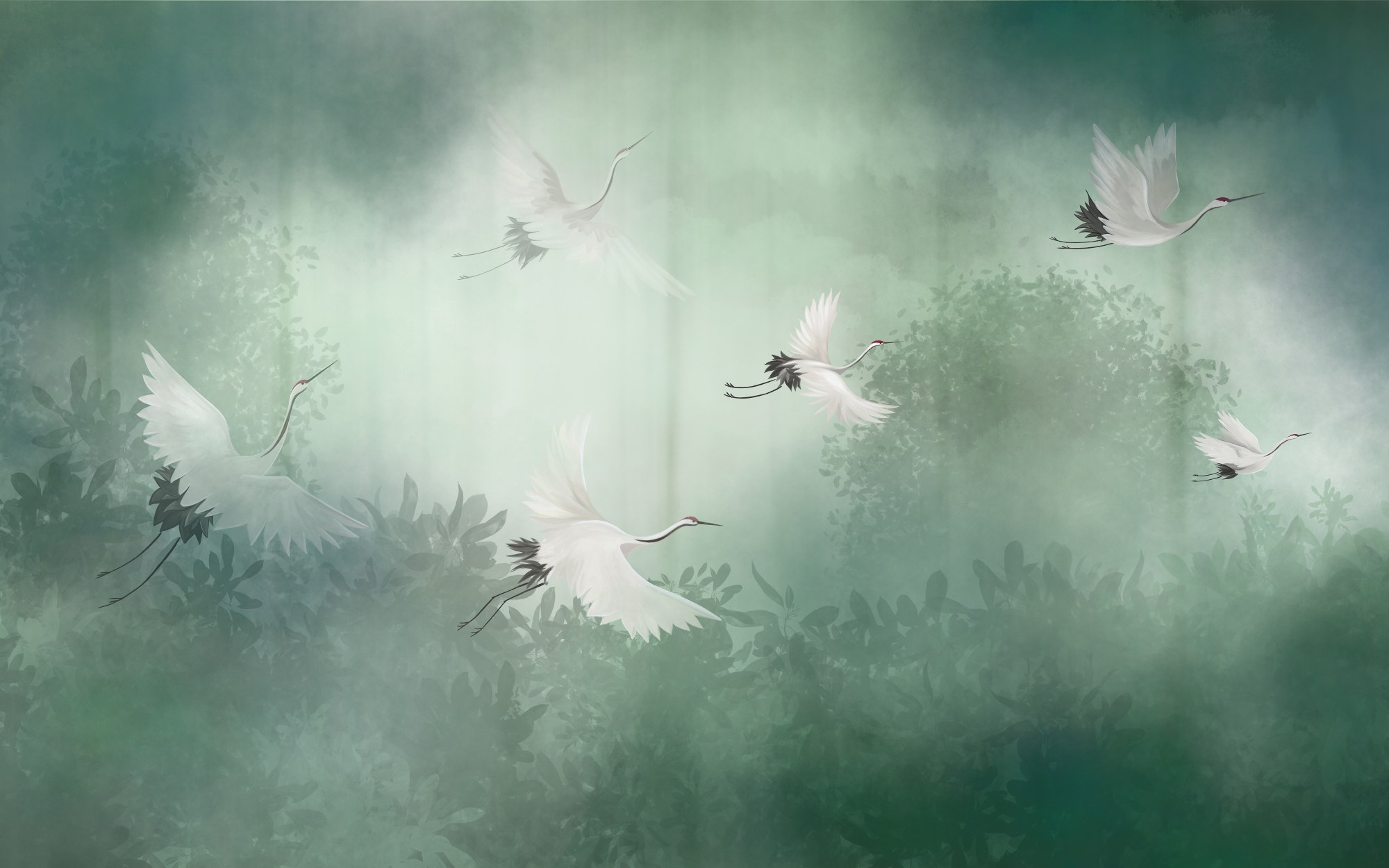 Mural Migration 2 Wallpaper and Wall Murals South Africa Mural Migration, cranes in flight in green and white mural - WallpaperOnline