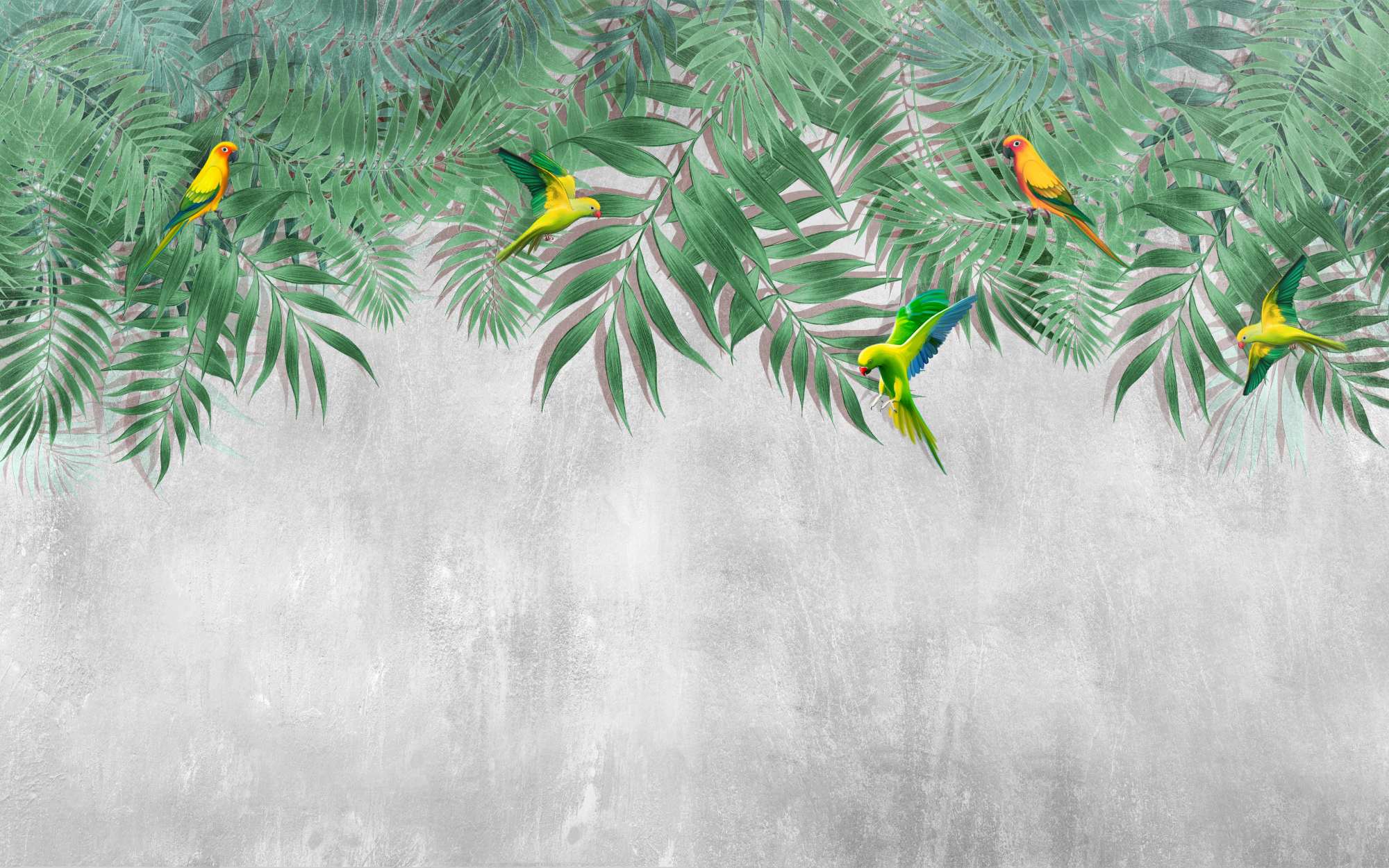 Mural Chirping Tweal 2 Wallpaper and Wall Murals South Africa Mural Chirping Tweal, parrots in palm leaves in green and grey mural - WallpaperOnline