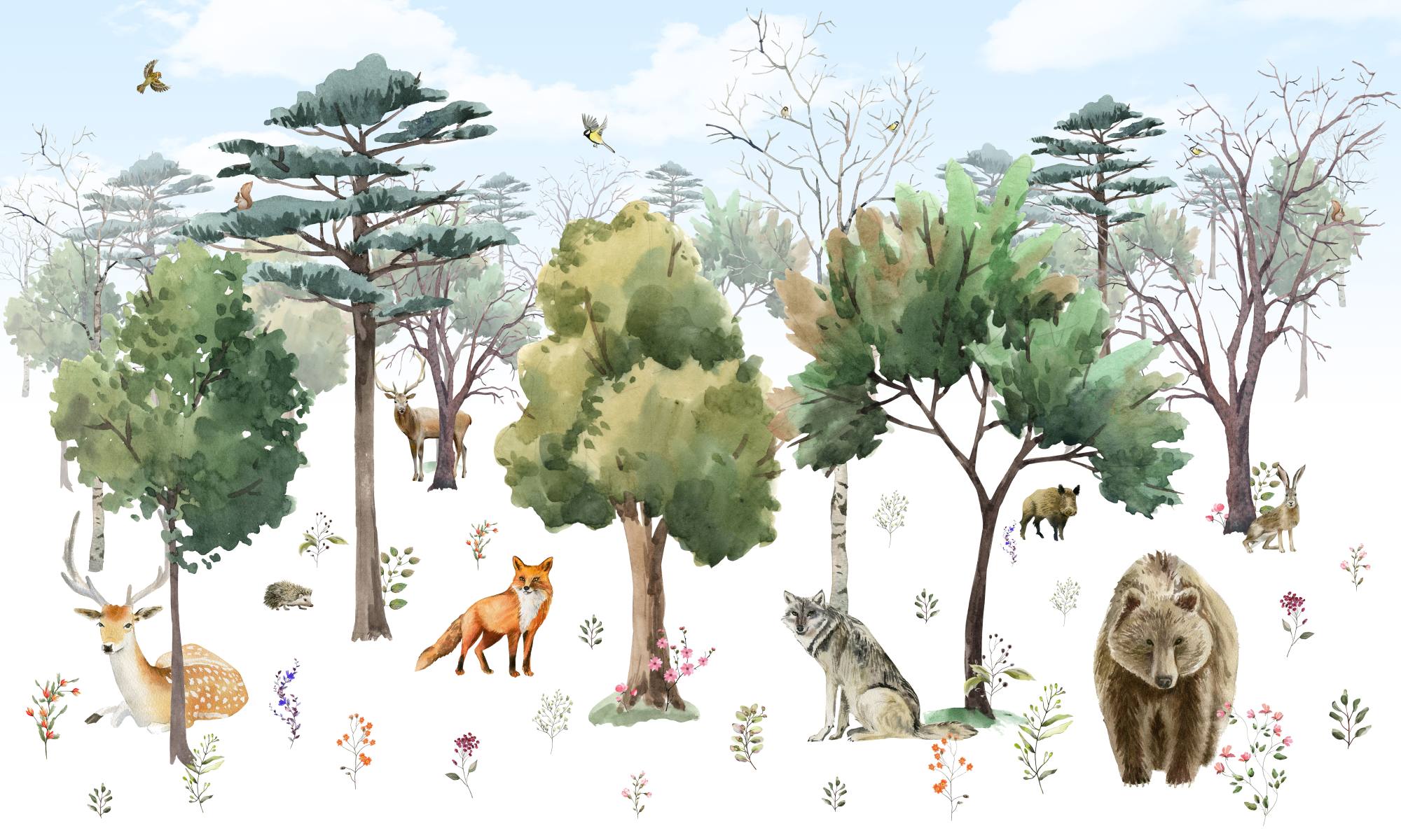Mural Woodland Bliss 2 Wallpaper and Wall Murals South Africa Woodland Bliss, woodland animals in green, white and brown mural - WallpaperOnline