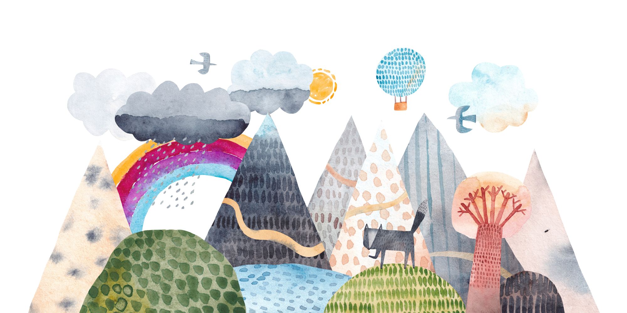 Mural Donaldson Kids 2 Wallpaper and Wall Murals South Africa Mural Donaldson Kids, whimsical mountain landscape with rainbow and hot air balloon in grey, green and pink mural - WallpaperOnline