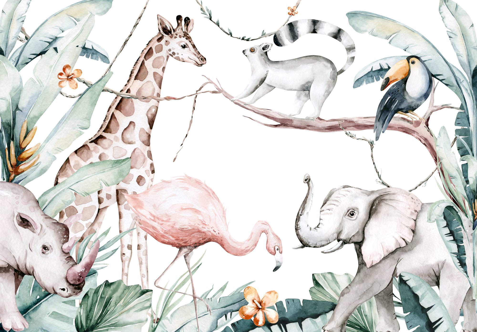 Mural Watercolour Safari 2 Wallpaper and Wall Murals South Africa Mural Watercolour Safari, safari animals in green and pink mural - WallpaperOnline