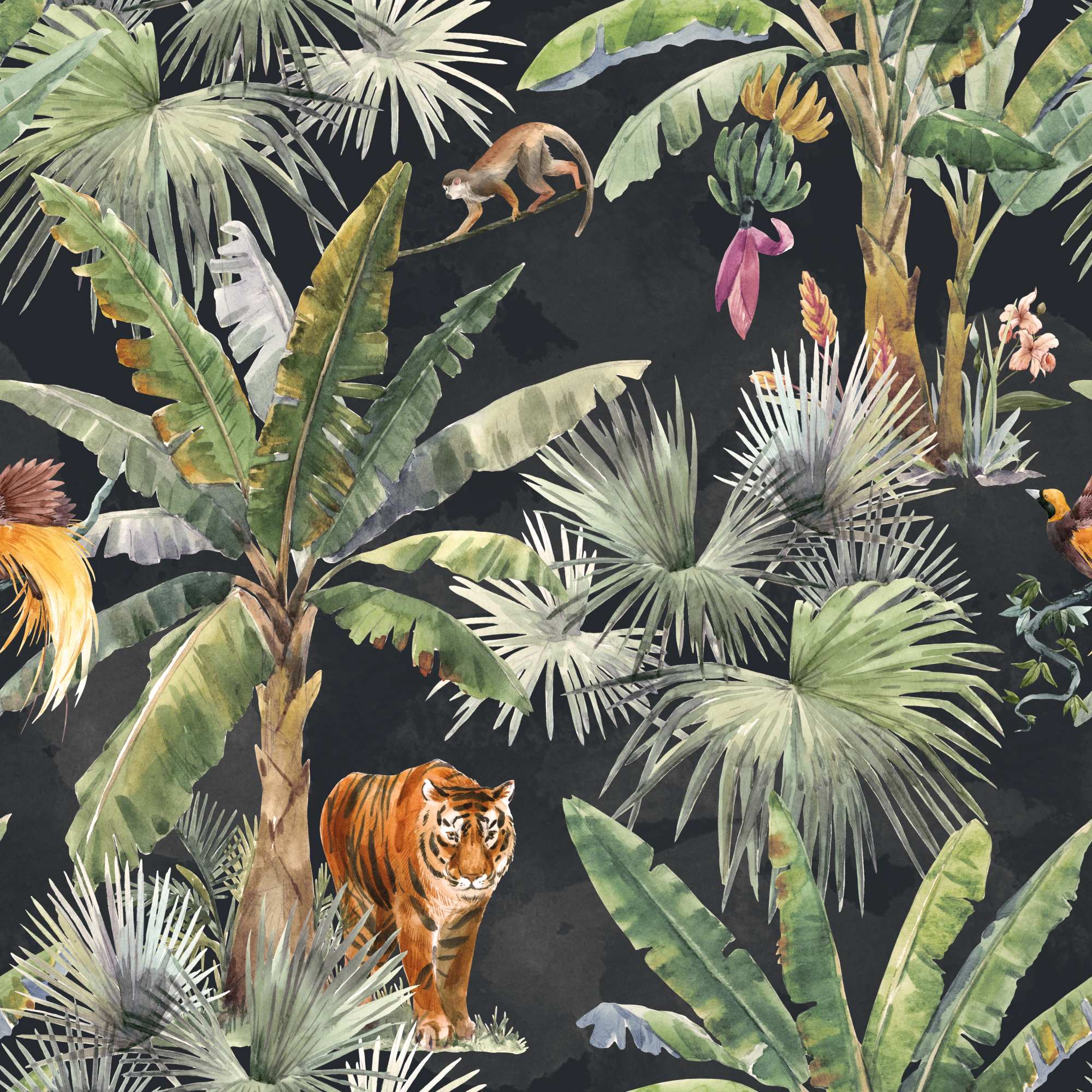 Mural Jungle King 2 Wallpaper and Wall Murals South Africa Jungle King, tiger and tropical birds in green and black mural - WallpaperOnline