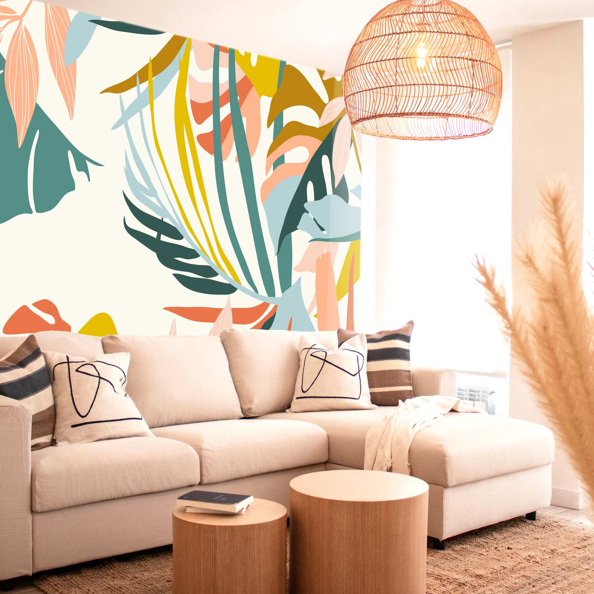 Mural Boho Botanicals in Brights 2 Wallpaper and Wall Murals South Africa Boho Botanicals in Brights, tropical leaves in teal, coral and mustard mural - WallpaperOnline
