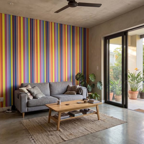 Muted Mirage Stripes Wallpaper shown in a living room