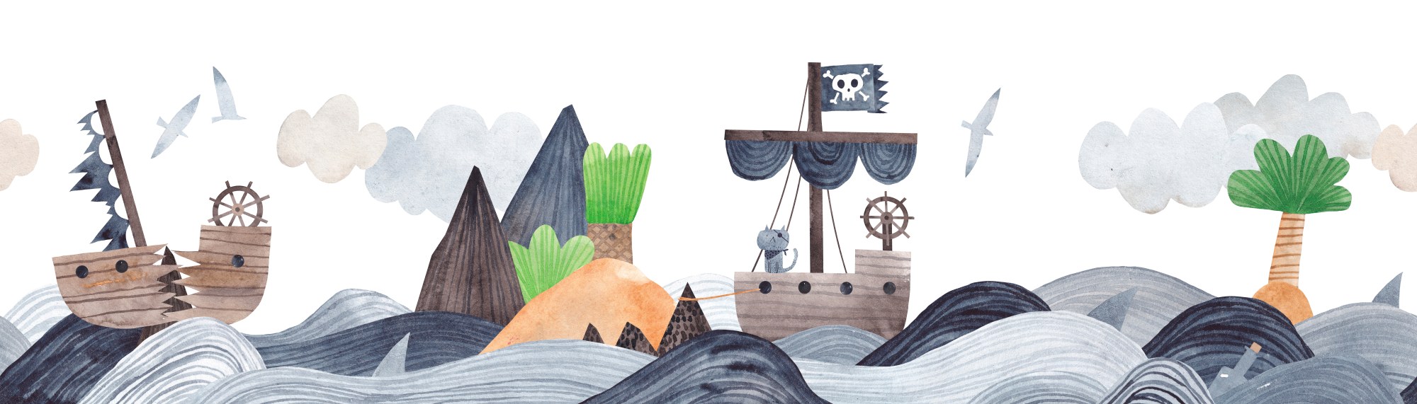 Mural Pitchford Kids 2 Wallpaper and Wall Murals South Africa Mural Pitchford Kids, pirate ships and island in navy, white and brown mural - WallpaperOnline
