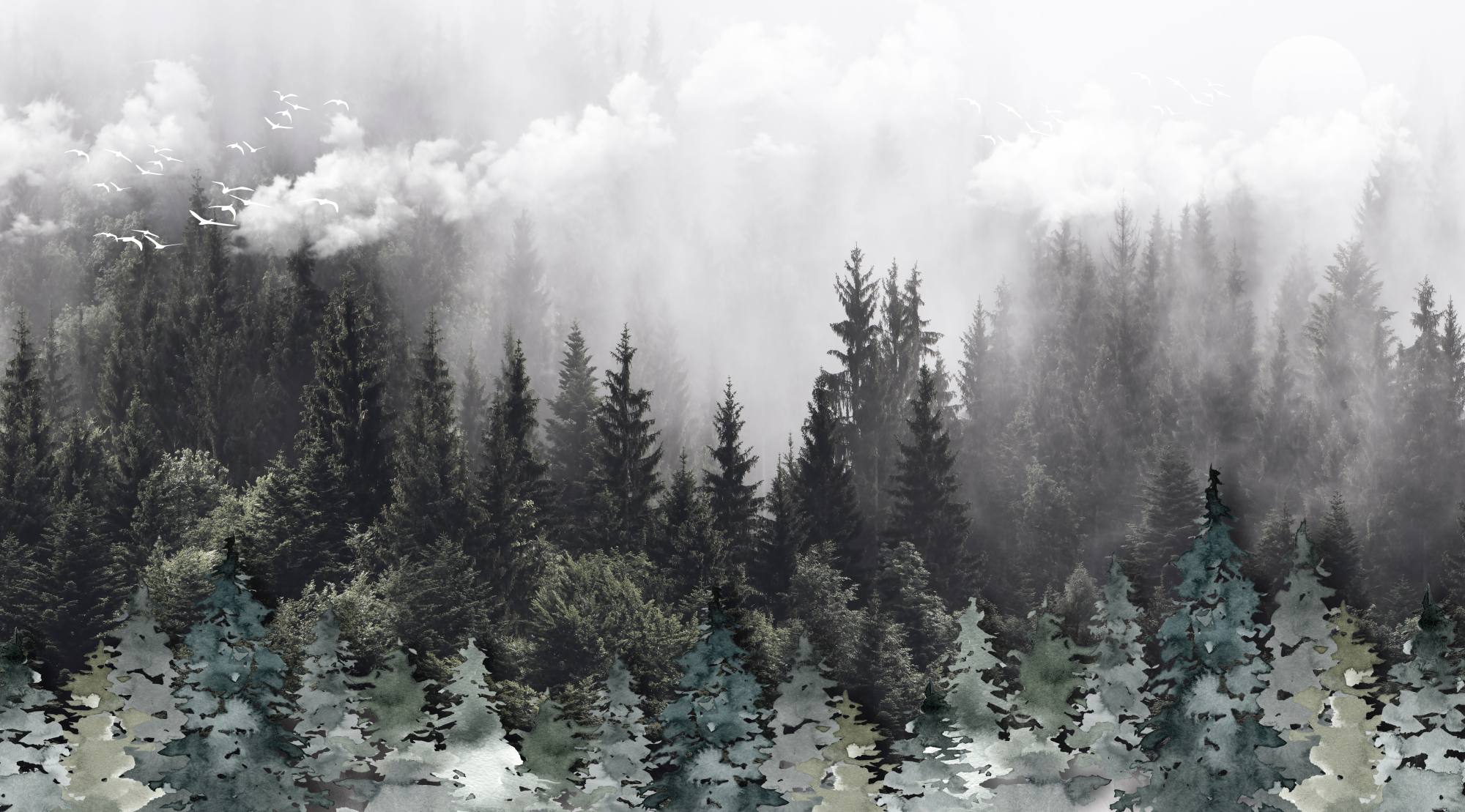 Mural Selva Brush 2 Wallpaper and Wall Murals South Africa Mural Selva Brush, foggy forest in grey, green and white mural - WallpaperOnline