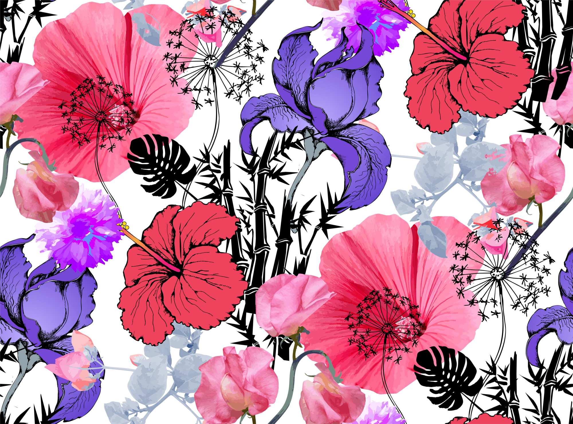 Mural Khia 2 Wallpaper and Wall Murals South Africa Mural Khia, hibiscus and iris blooms in pink, purple and black mural - WallpaperOnline