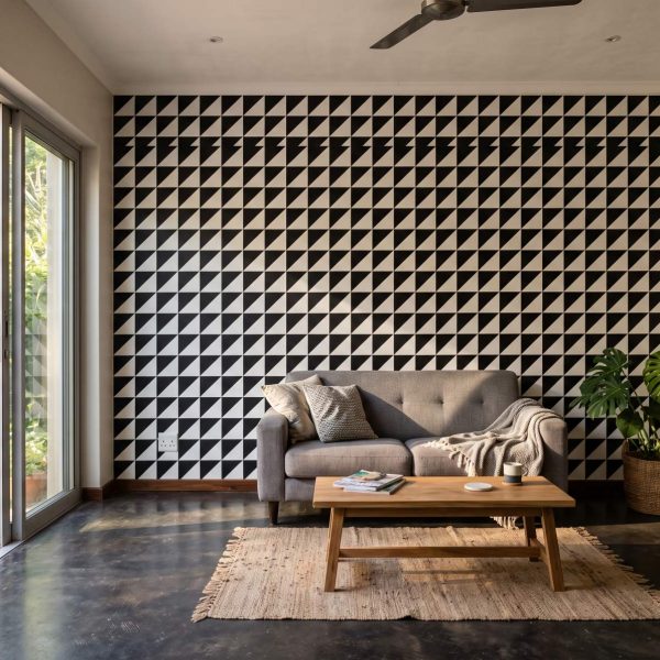 Slanted Try Tile Wallpaper shown in a living room