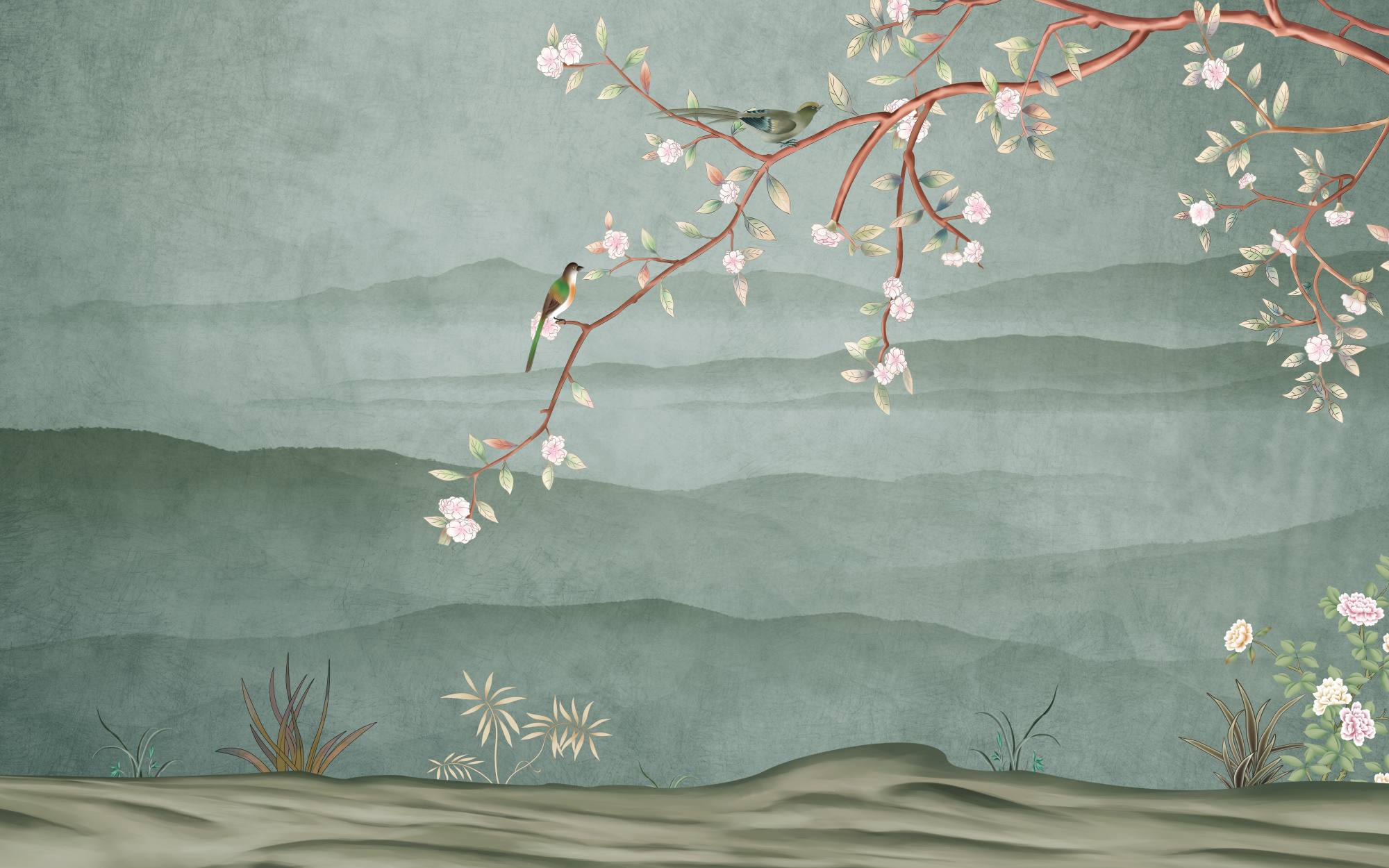 Mural Botanique Orientique 2 Wallpaper and Wall Murals South Africa Mural Botanique Orientique, birds and blossom branch over misty mountains in sage green and dusty pink mural - WallpaperOnline