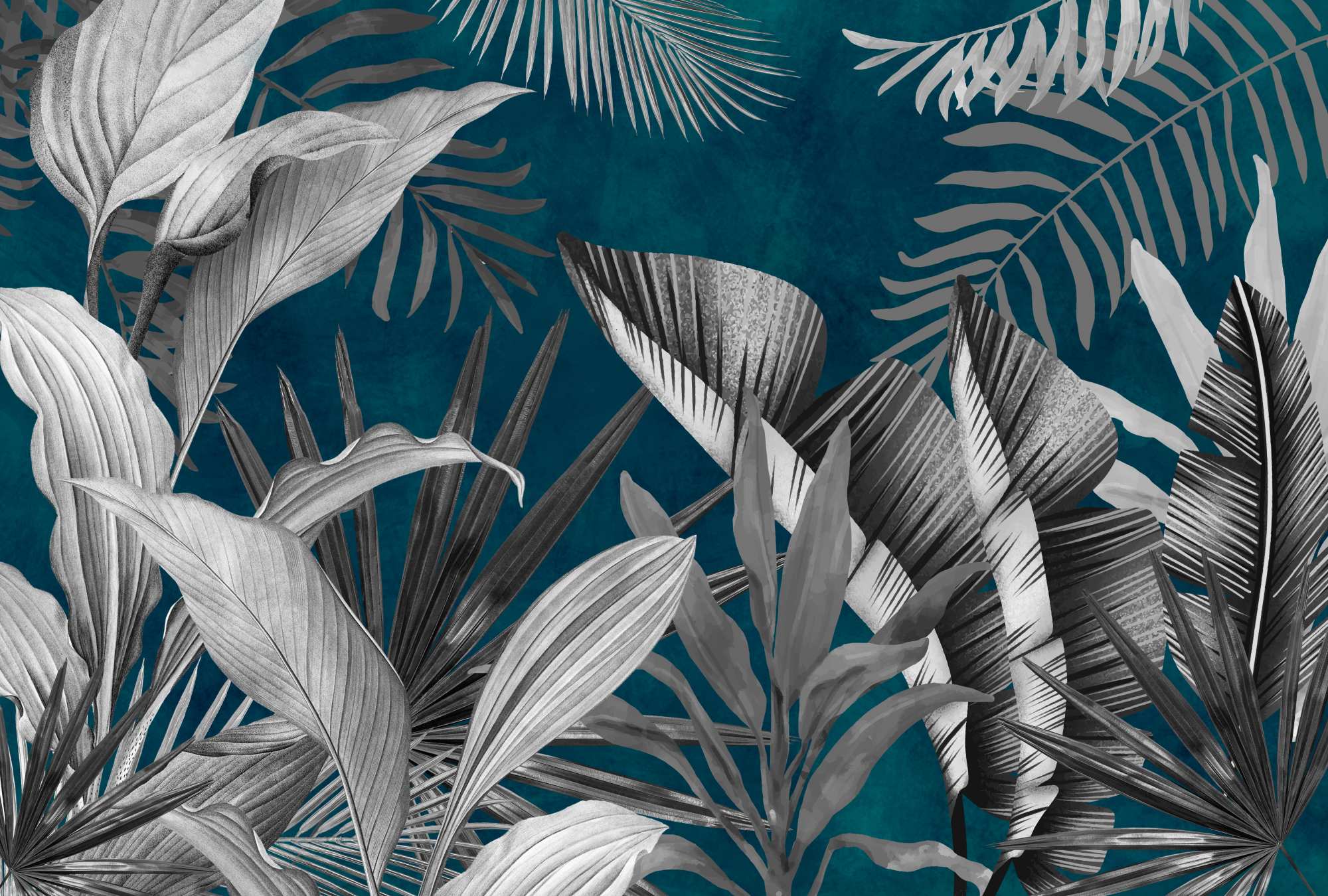 Mural Vida Fresca 2 Wallpaper and Wall Murals South Africa Mural Vida Fresca, tropical palm leaves in teal and grey mural - WallpaperOnline