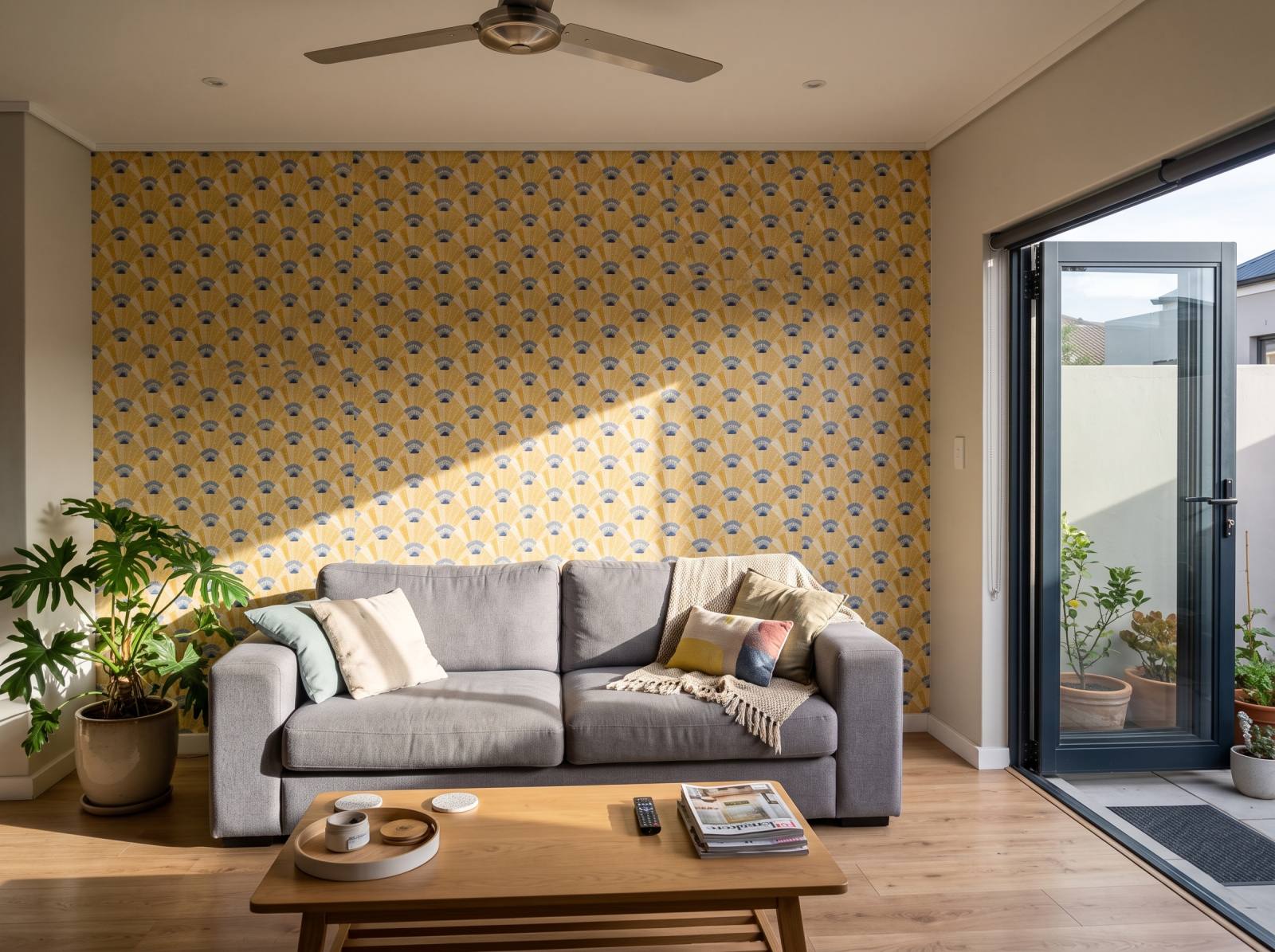 Ilanga Yellow Weave Wallpaper 1 Wallpaper and Wall Murals South Africa Ilanga Yellow Weave Wallpaper shown in a living room
