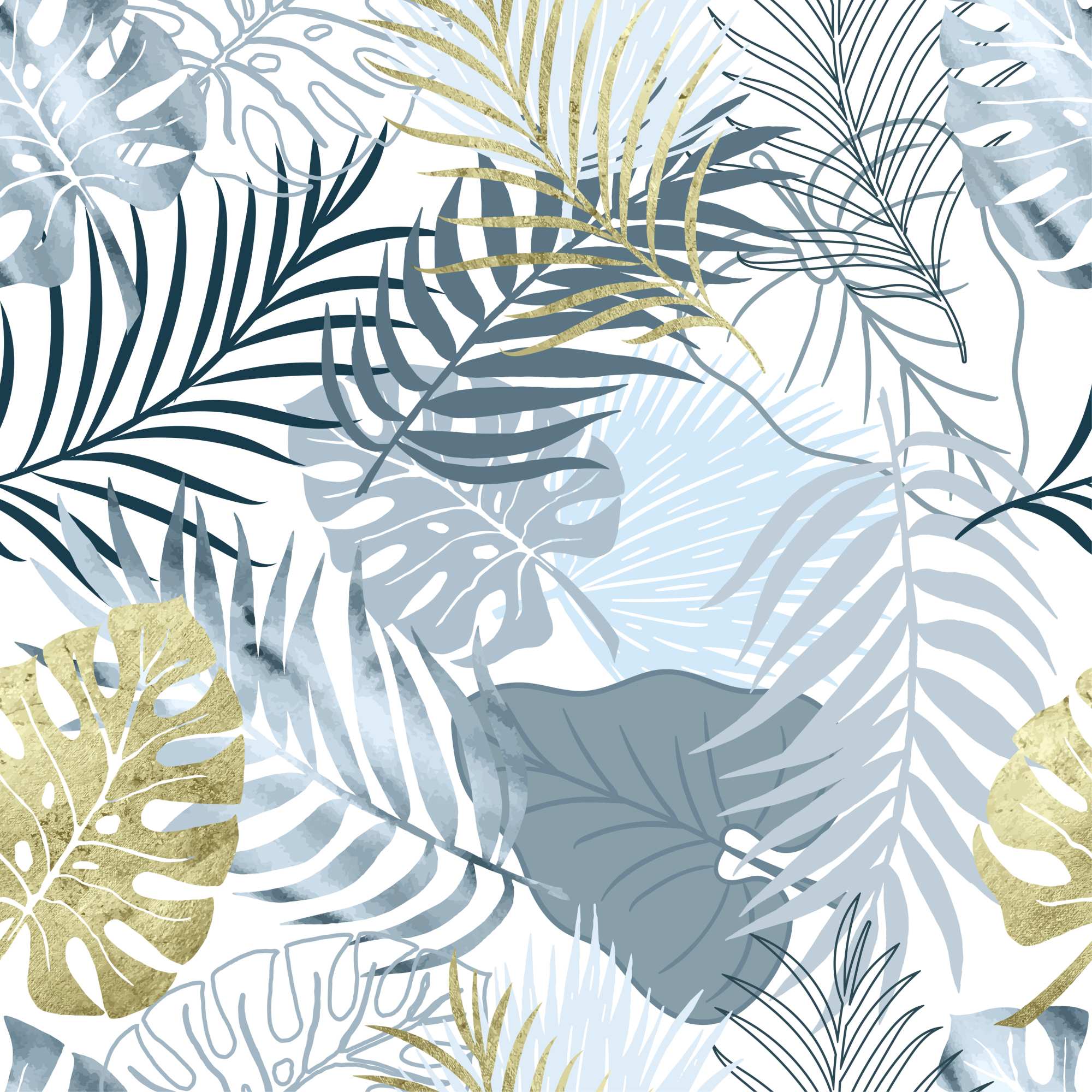 Mural Parade 2 Wallpaper and Wall Murals South Africa Mural Parade, tropical leaves in grey-blue and gold mural - WallpaperOnline