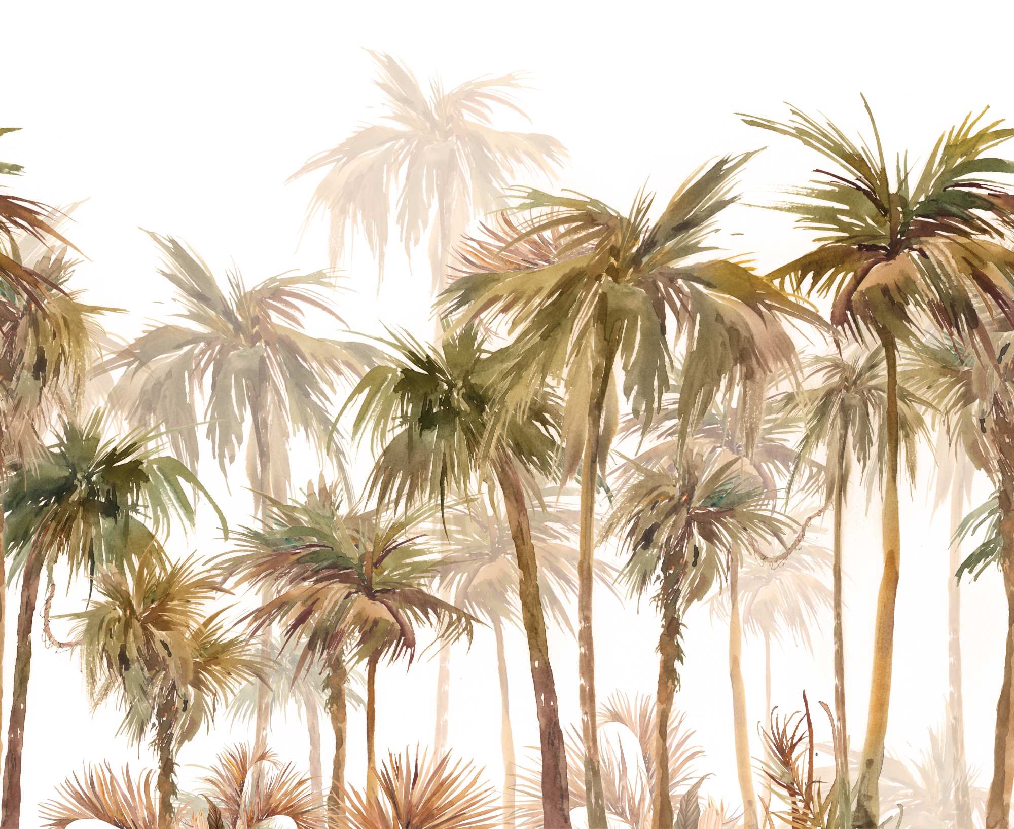Mural Watercolour Forest 2 Wallpaper and Wall Murals South Africa Mural Watercolour Forest, palm trees in olive green and sand mural - WallpaperOnline