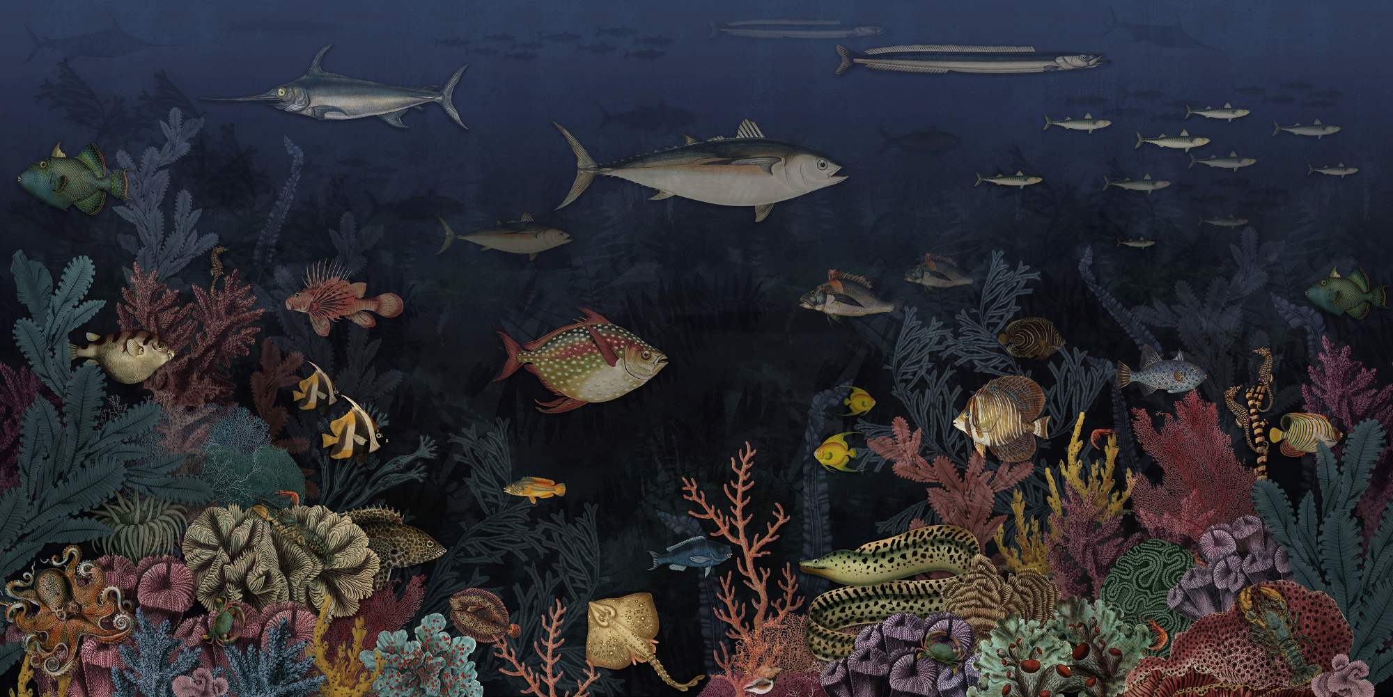 Mural Ossiano View 2 Wallpaper and Wall Murals South Africa Mural Ossiano View, underwater reef scene in navy, teal and coral mural - WallpaperOnline