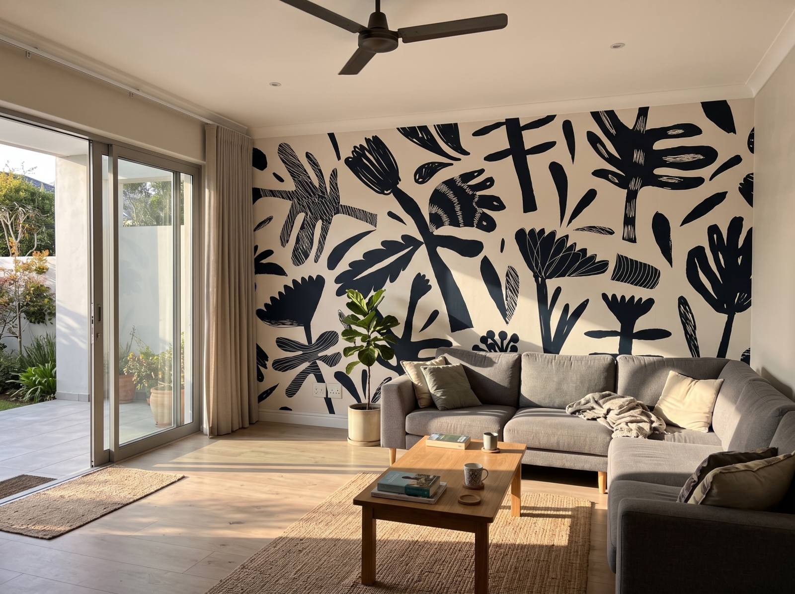 Mural Ink Meadow on Cream 1 Wallpaper and Wall Murals South Africa Mural Ink Meadow on Cream shown in a living room