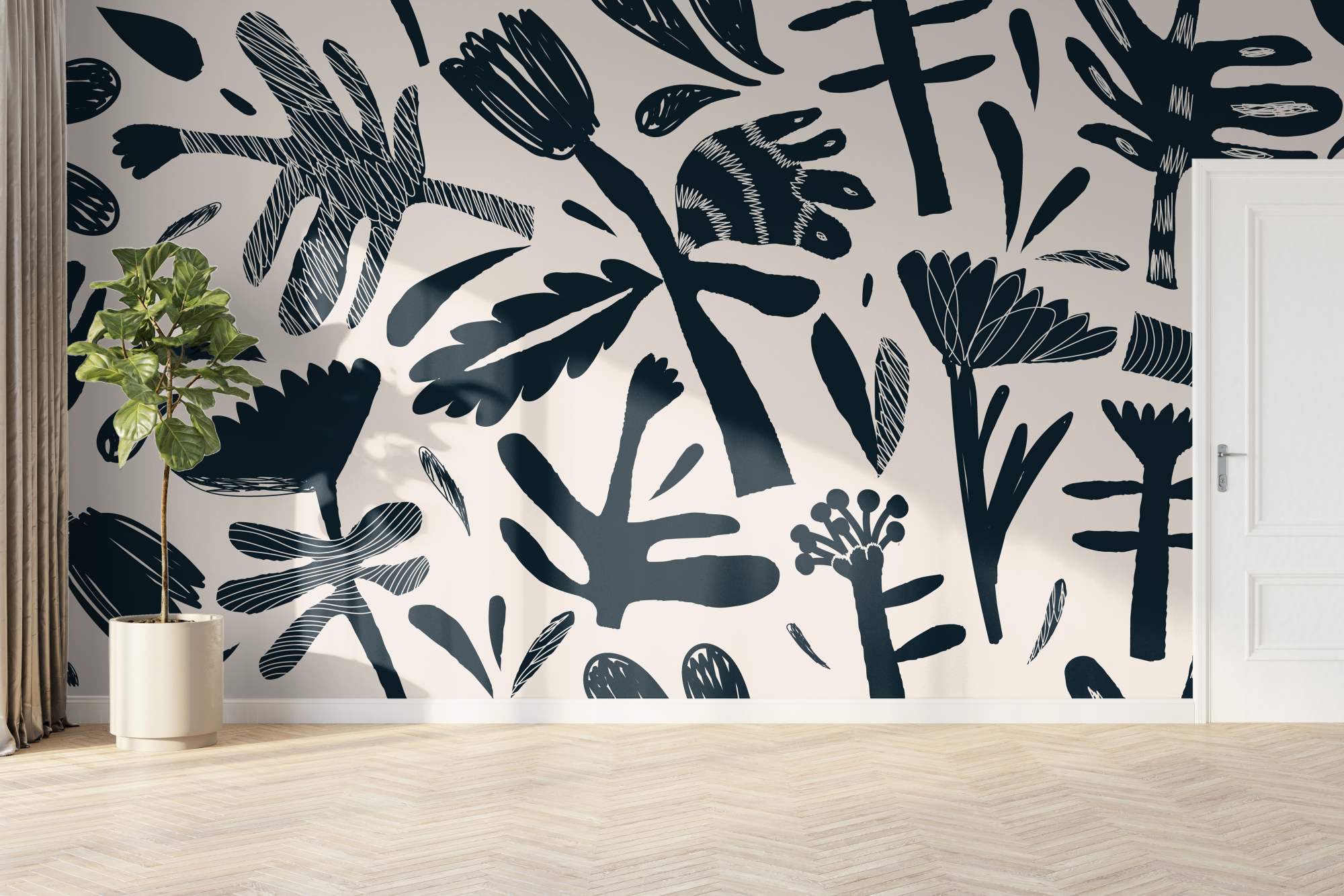 Mural Ink Meadow on Cream 2 Wallpaper and Wall Murals South Africa Ink Meadow, botanical silhouettes in navy and cream mural - WallpaperOnline