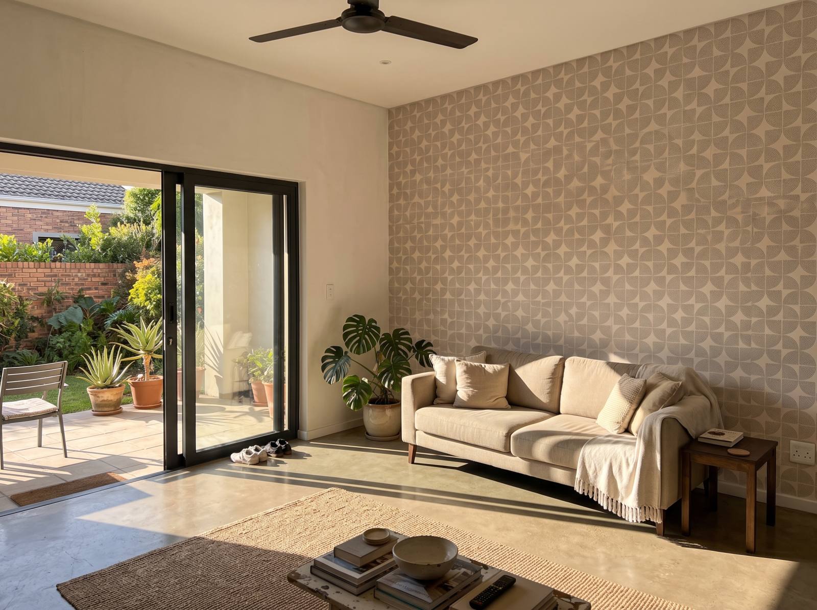 Arlea Beige Tile Wallpaper 1 Wallpaper and Wall Murals South Africa Arlea Beige Tile Wallpaper shown in a living room