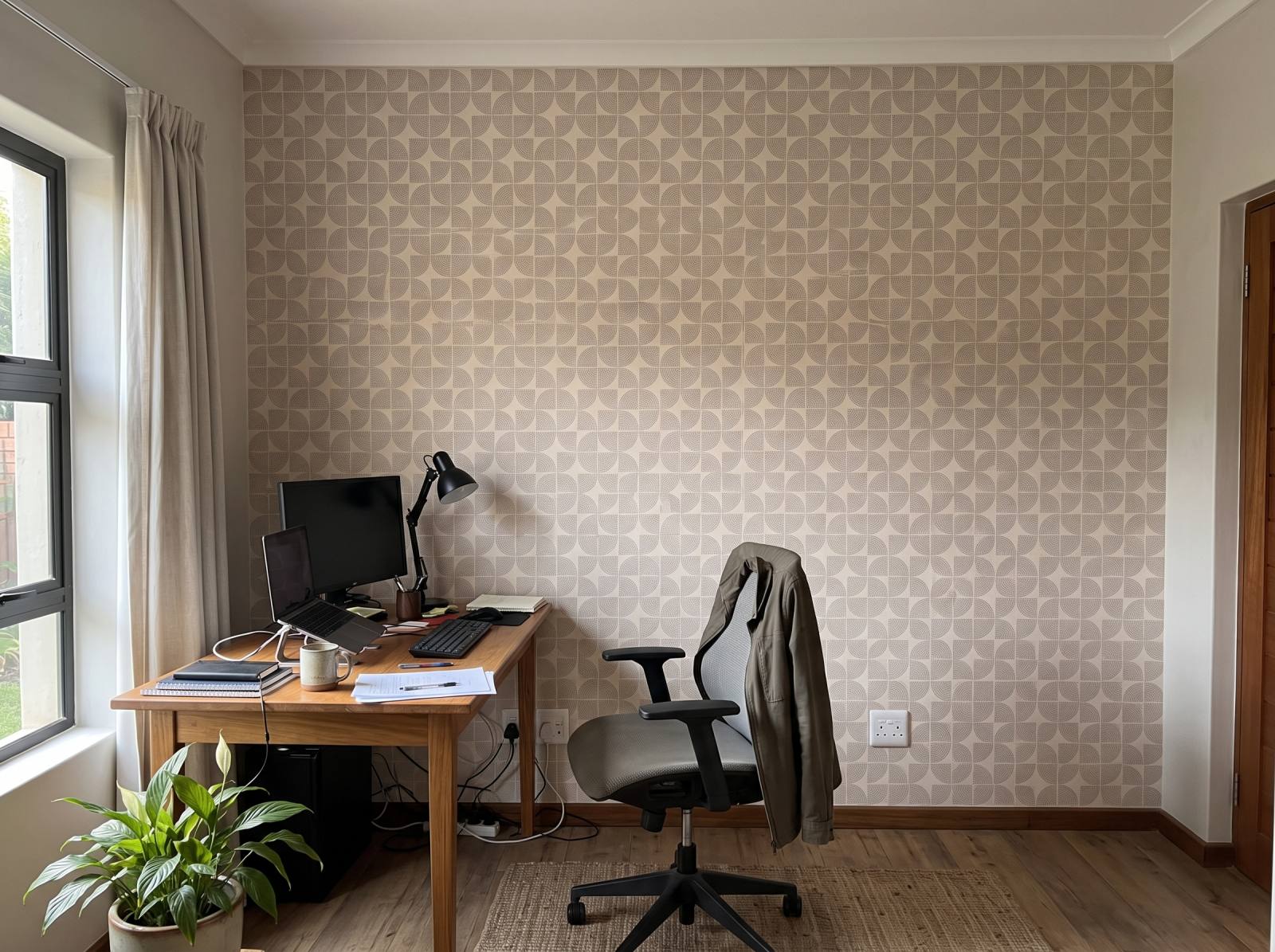 Arlea Beige Tile Wallpaper 3 Wallpaper and Wall Murals South Africa Arlea Beige Tile Wallpaper shown in a home office