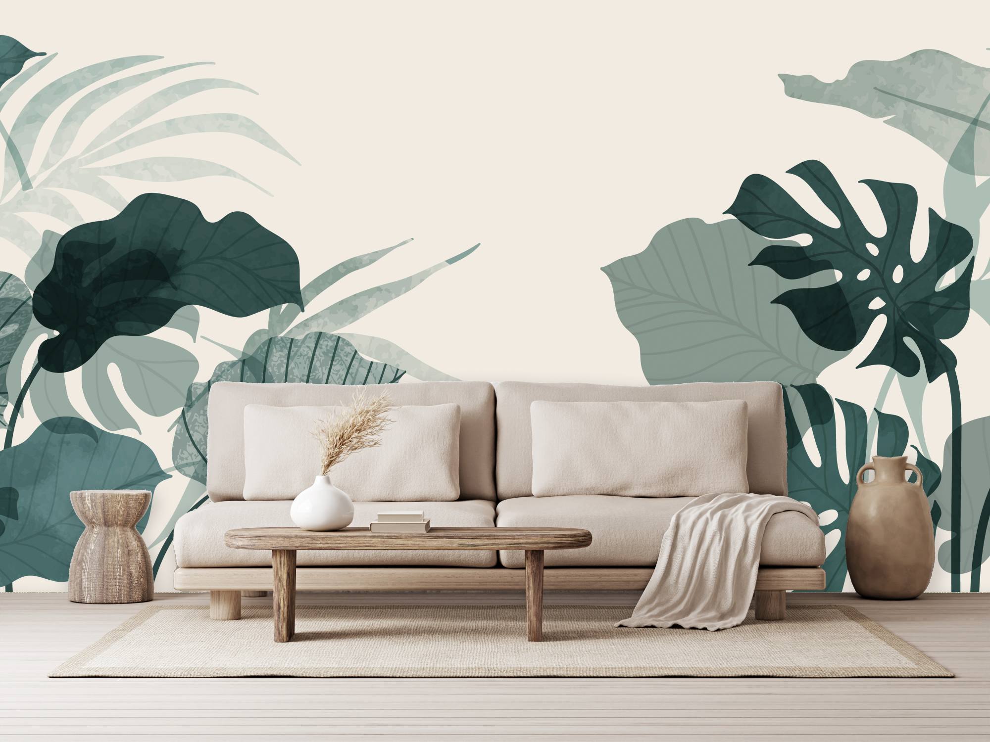 Mural Summer in the Garden 2 Wallpaper and Wall Murals South Africa Summer in the Garden, tropical leaves in green and cream mural - WallpaperOnline