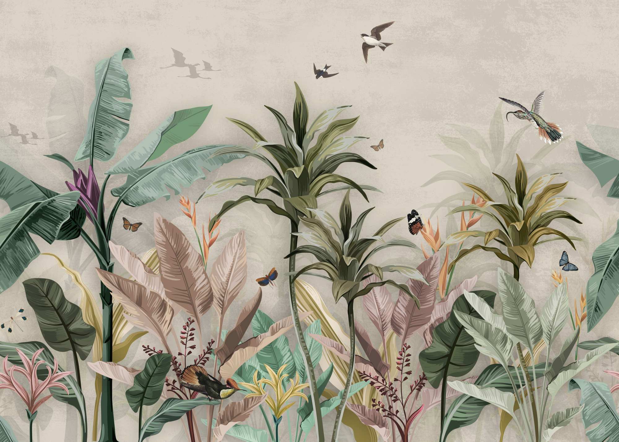 Mural Hathiem Tropical 2 Wallpaper and Wall Murals South Africa Hathiem Tropical, tropical birds and foliage in green, beige and pink mural - WallpaperOnline