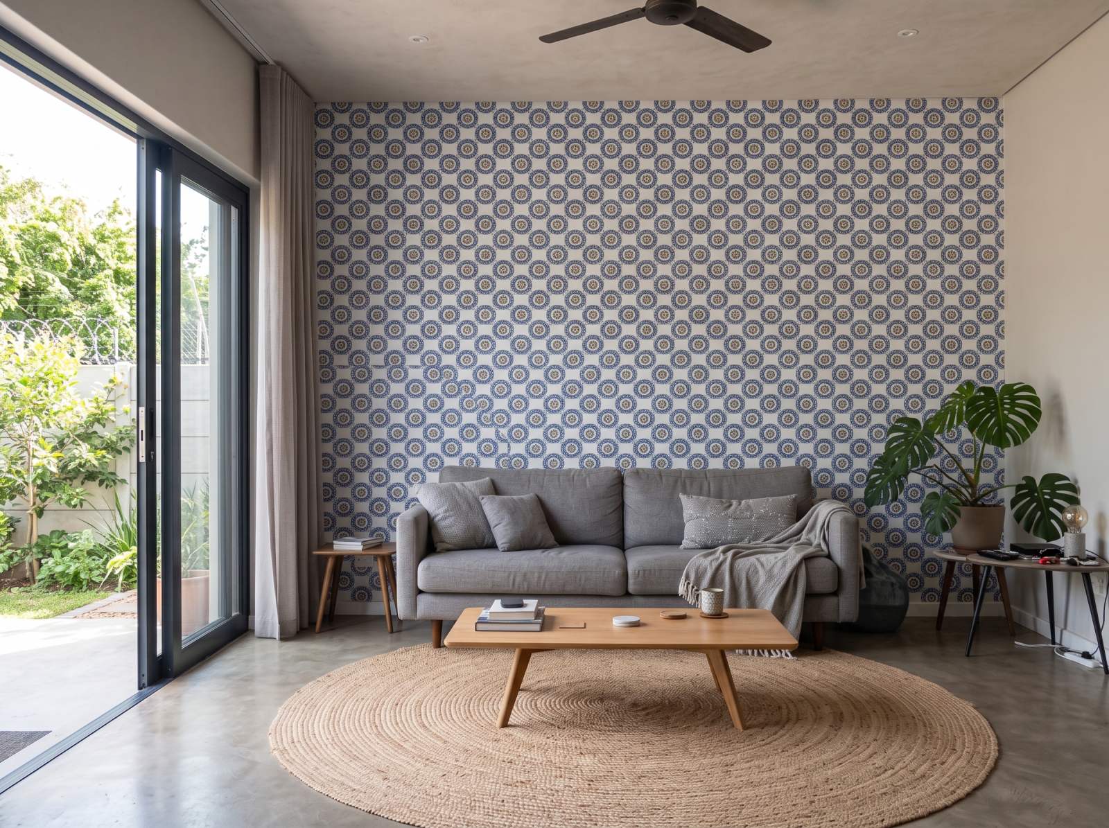 Blue Sky Gouache Circles Wallpaper 1 Wallpaper and Wall Murals South Africa Blue Sky Gouache Circles Wallpaper shown in a living room