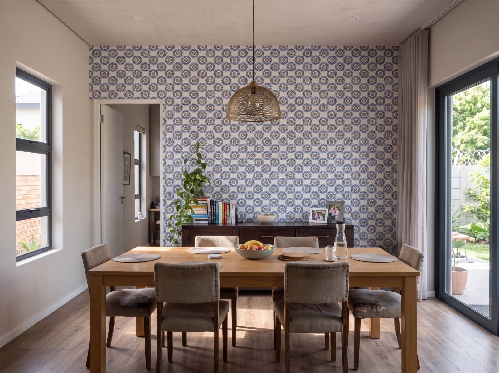 Blue Sky Gouache Circles Wallpaper 3 Wallpaper and Wall Murals South Africa Blue Sky Gouache Circles Wallpaper shown in a dining room