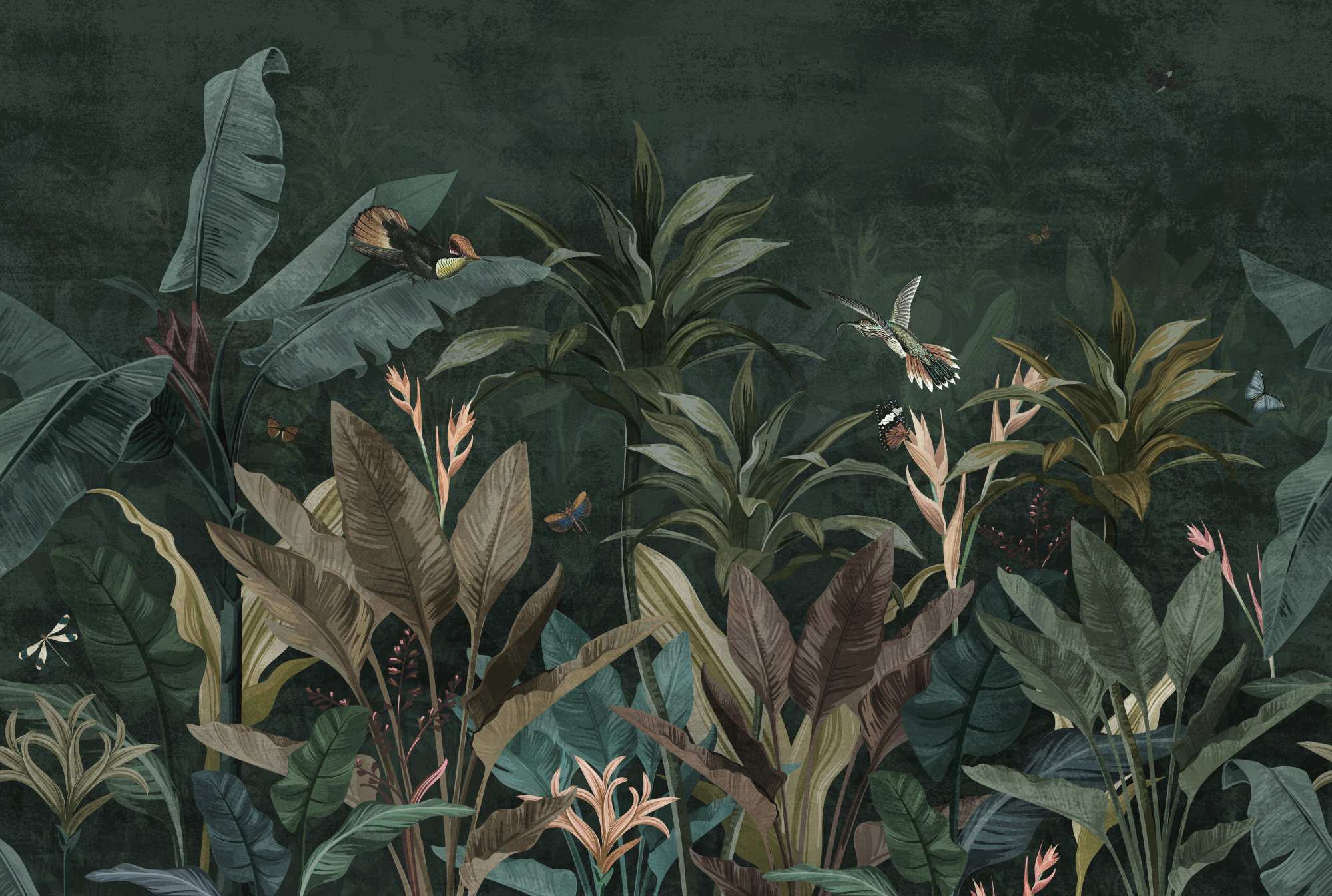 Mural Evergreen Garden 2 Wallpaper and Wall Murals South Africa Evergreen Garden, tropical birds and foliage in dark green and brown mural - WallpaperOnline